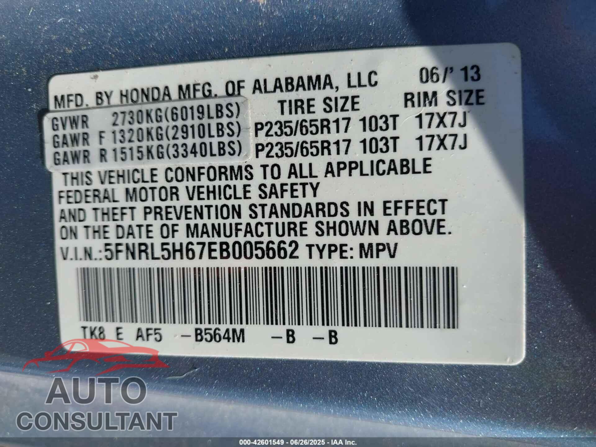 HONDA ODYSSEY 2014 - 5FNRL5H67EB005662