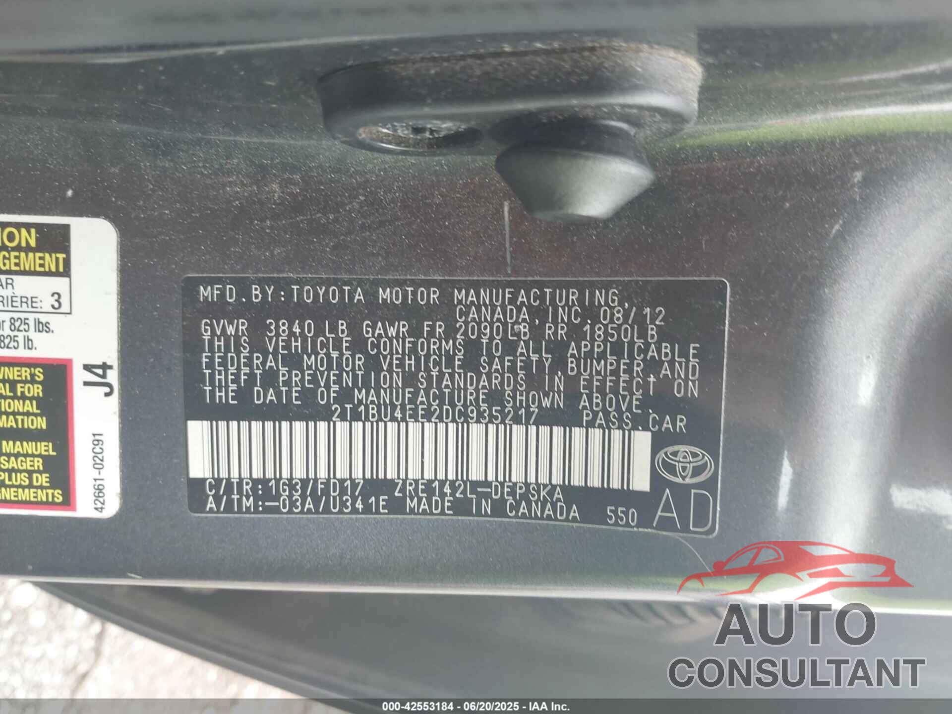 TOYOTA COROLLA 2013 - 2T1BU4EE2DC935217