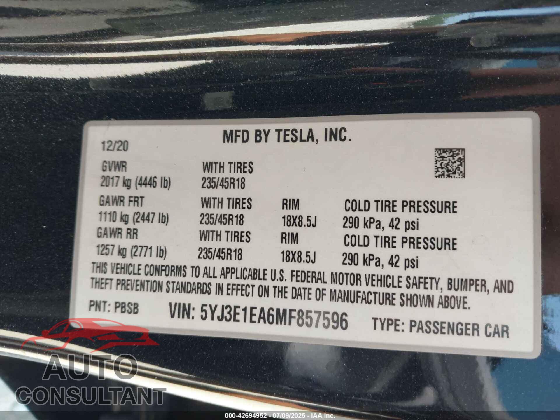 TESLA MODEL 3 2021 - 5YJ3E1EA6MF857596