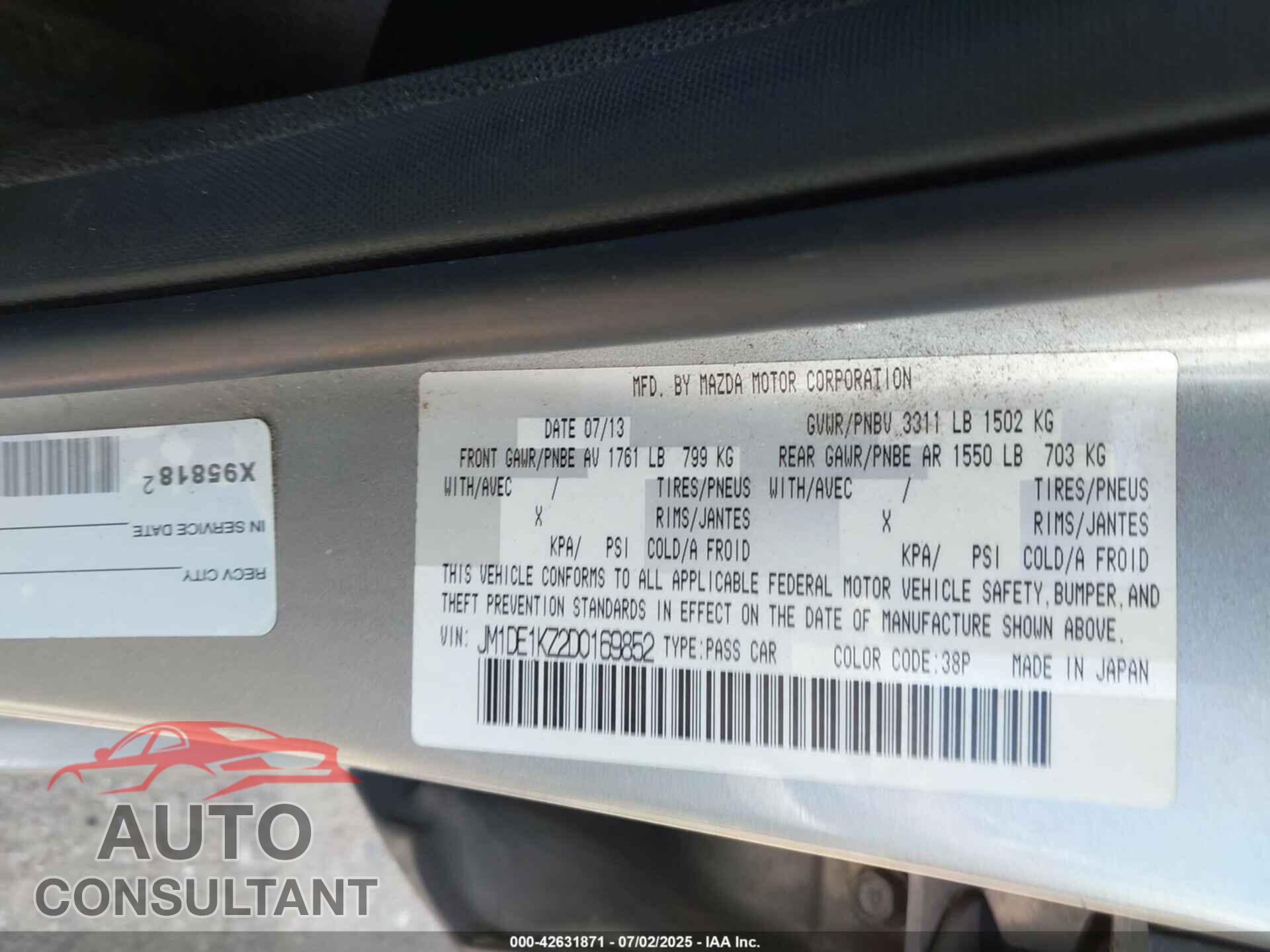 MAZDA MAZDA2 2013 - JM1DE1KZ2D0169852