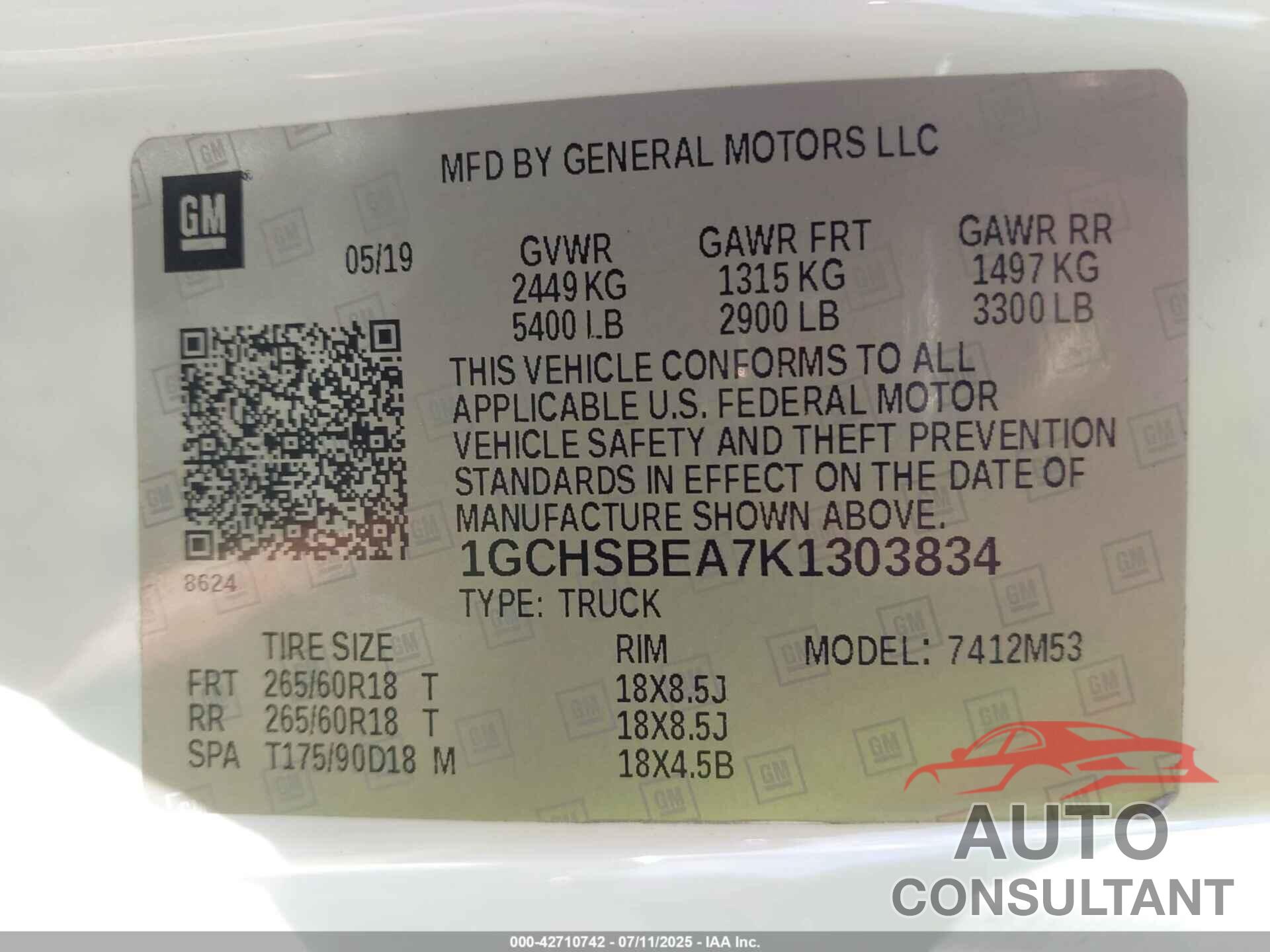 CHEVROLET COLORADO 2019 - 1GCHSBEA7K1303834