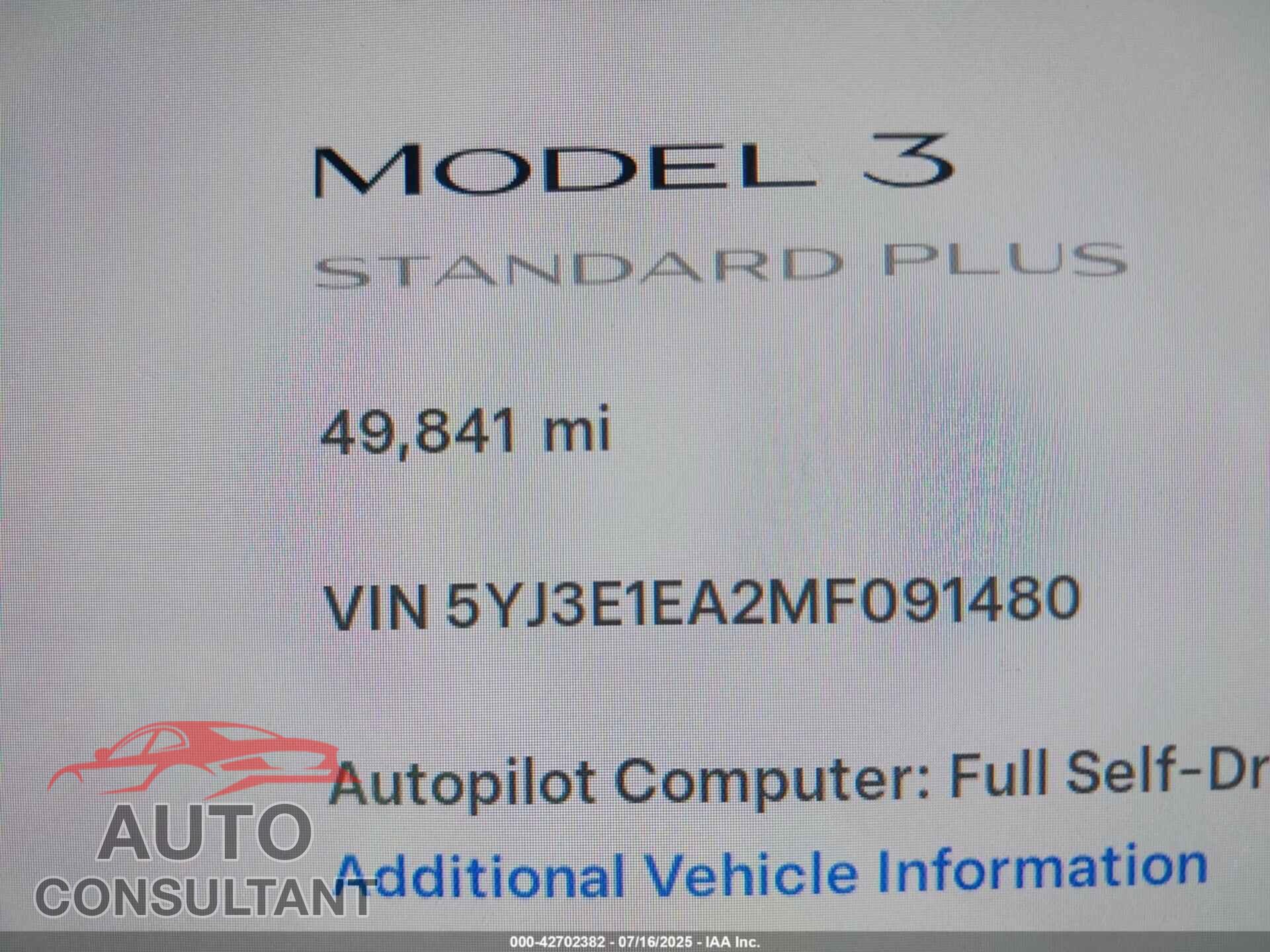 TESLA MODEL 3 2021 - 5YJ3E1EA2MF091480