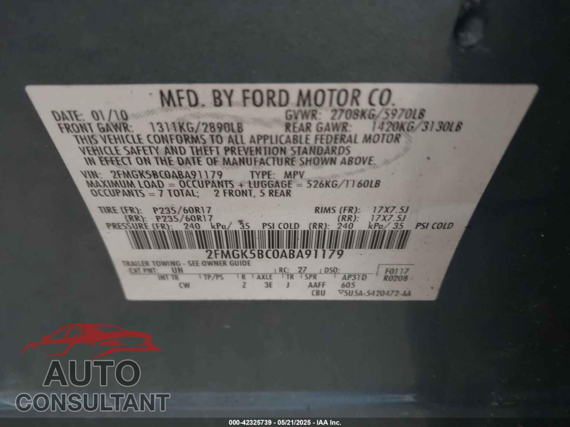 FORD FLEX 2010 - 2FMGK5BC0ABA91179