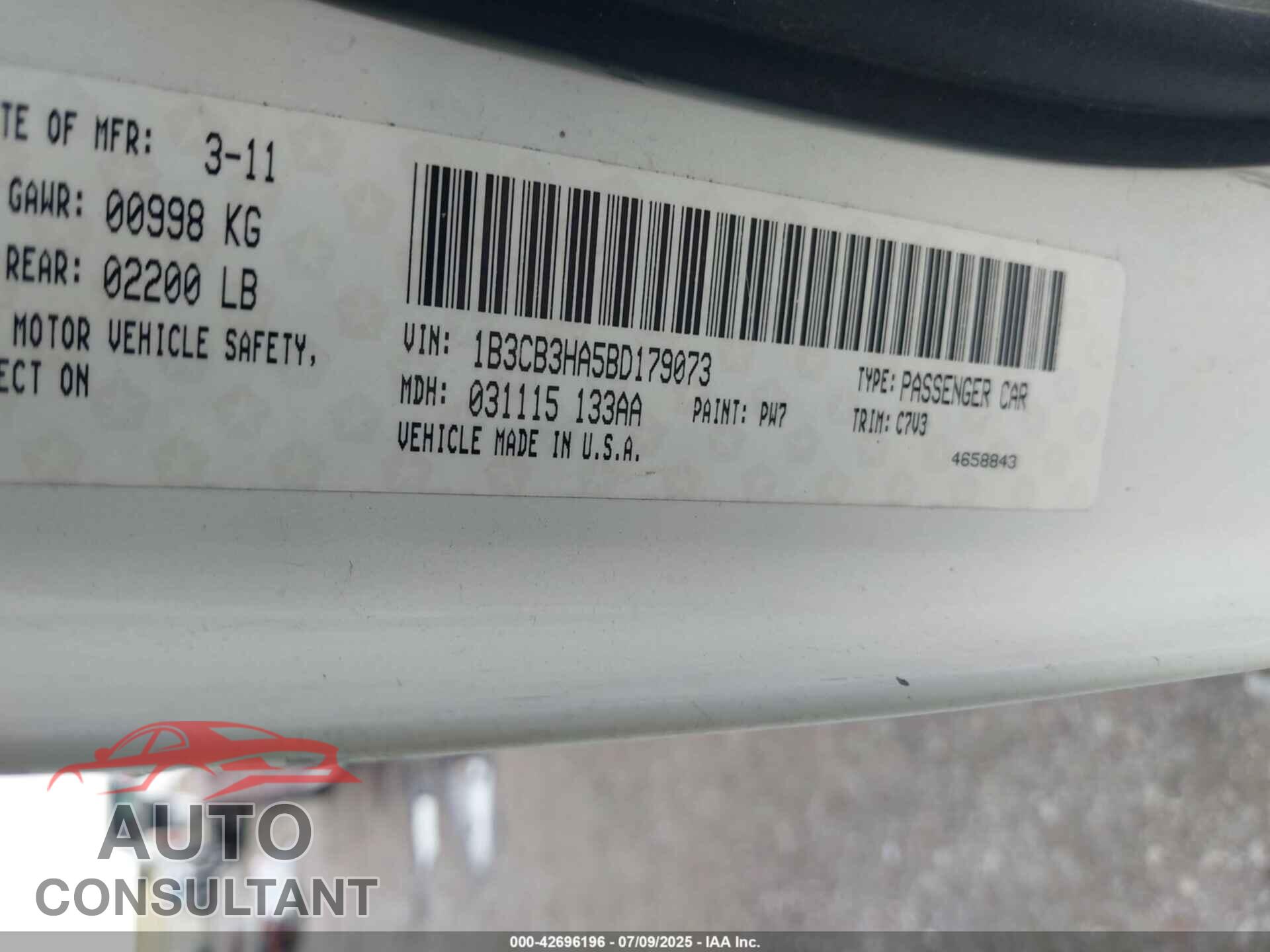 DODGE CALIBER 2011 - 1B3CB3HA5BD179073
