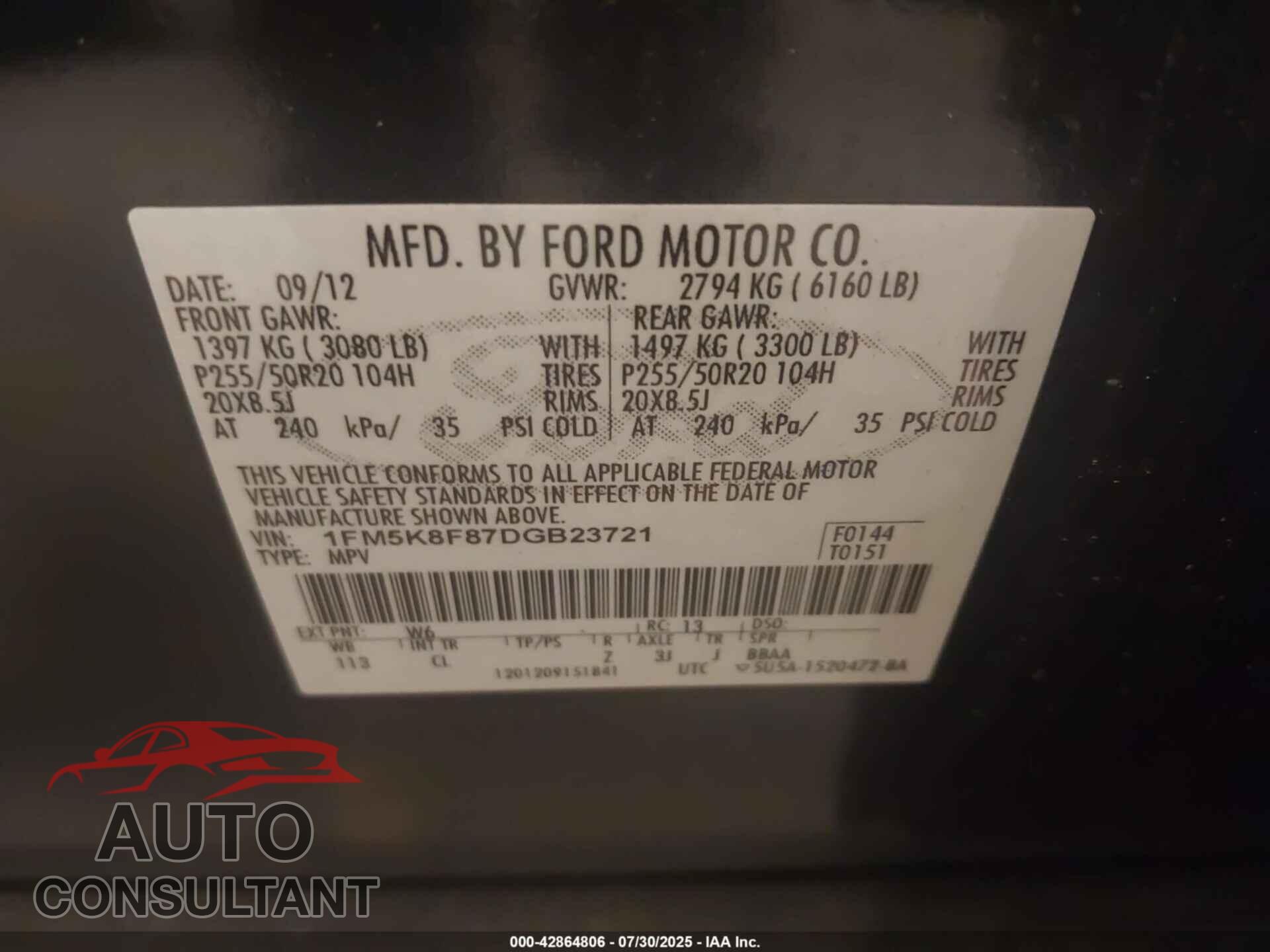 FORD EXPLORER 2013 - 1FM5K8F87DGB23721