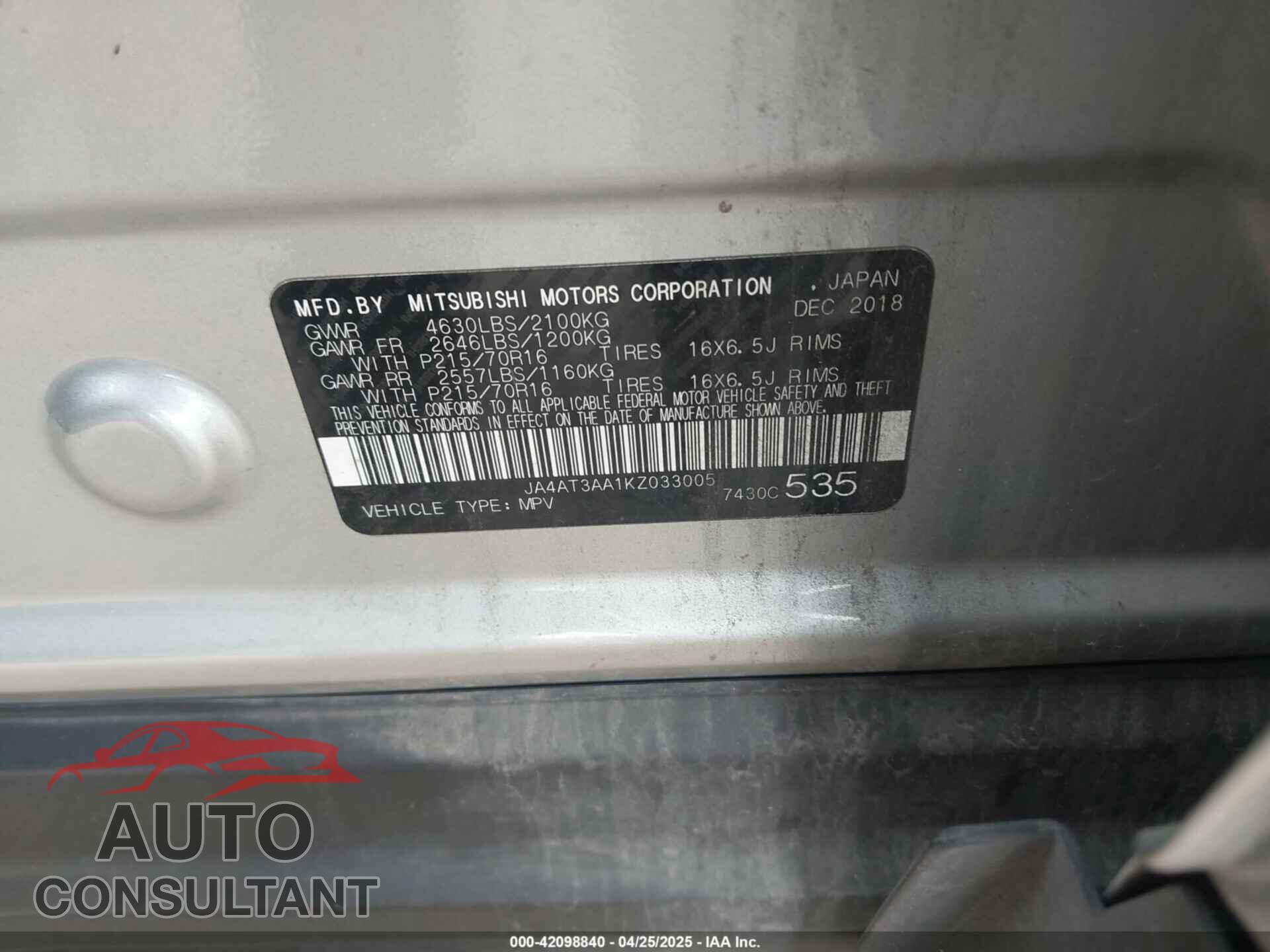 MITSUBISHI ECLIPSE CROSS 2019 - JA4AT3AA1KZ033005