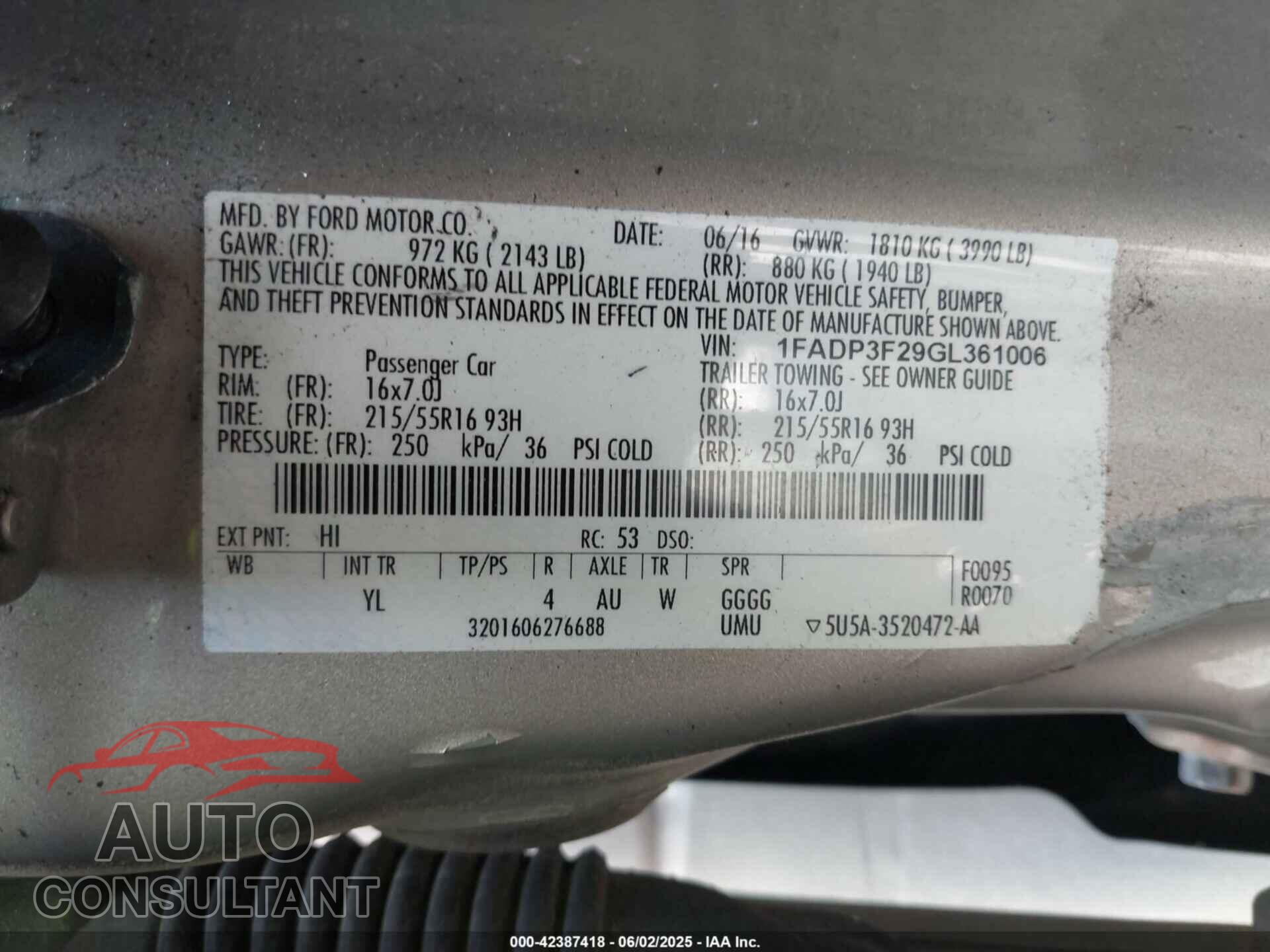 FORD FOCUS 2016 - 1FADP3F29GL361006