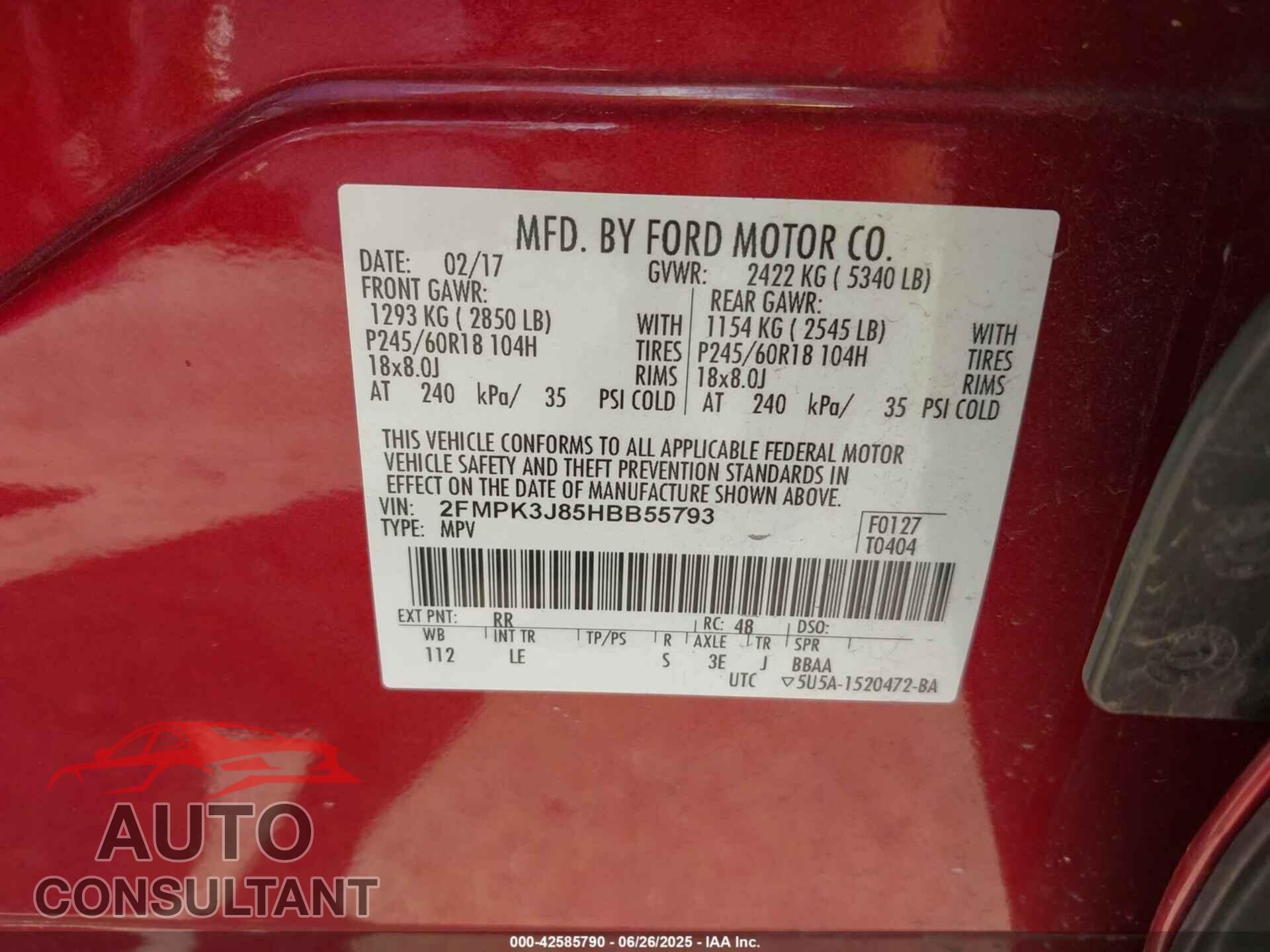 FORD EDGE 2017 - 2FMPK3J85HBB55793