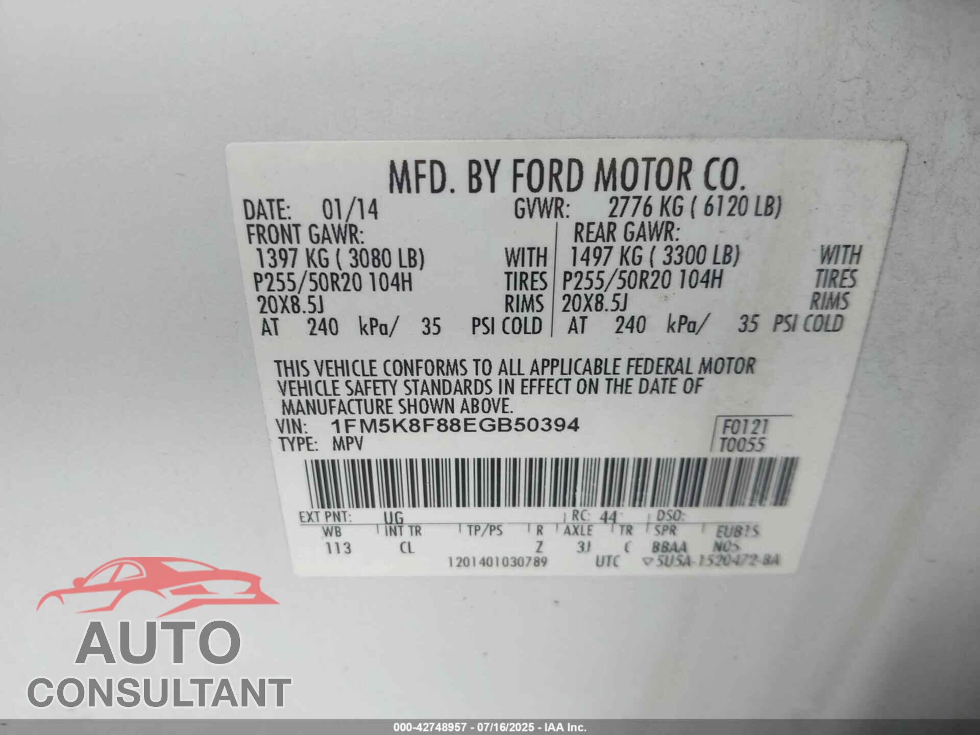FORD EXPLORER 2014 - 1FM5K8F88EGB50394