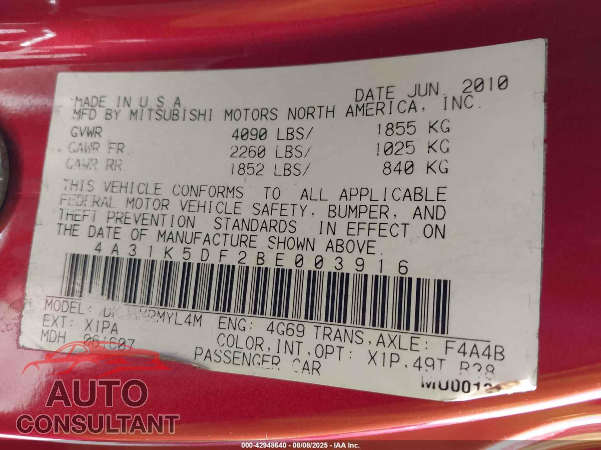 MITSUBISHI ECLIPSE 2011 - 4A31K5DF2BE003916