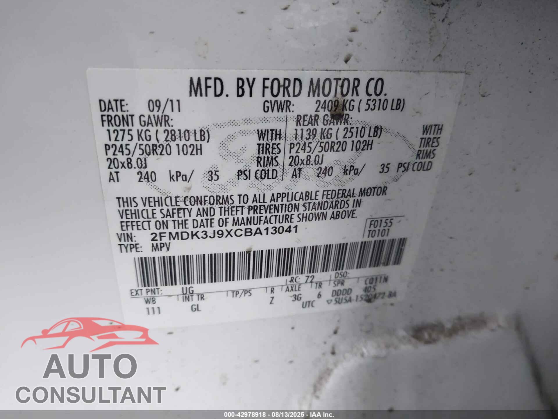 FORD EDGE 2012 - 2FMDK3J9XCBA13041