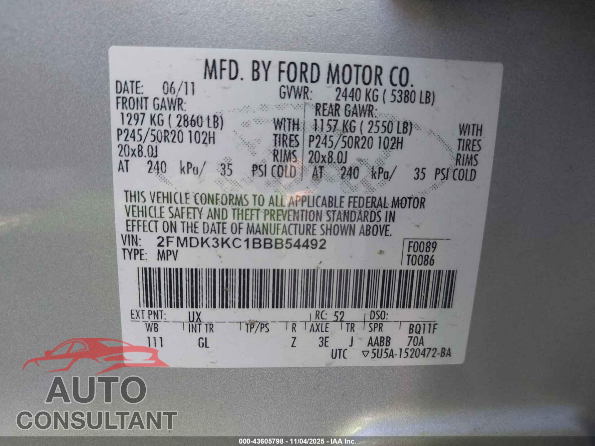 FORD EDGE 2011 - 2FMDK3KC1BBB54492