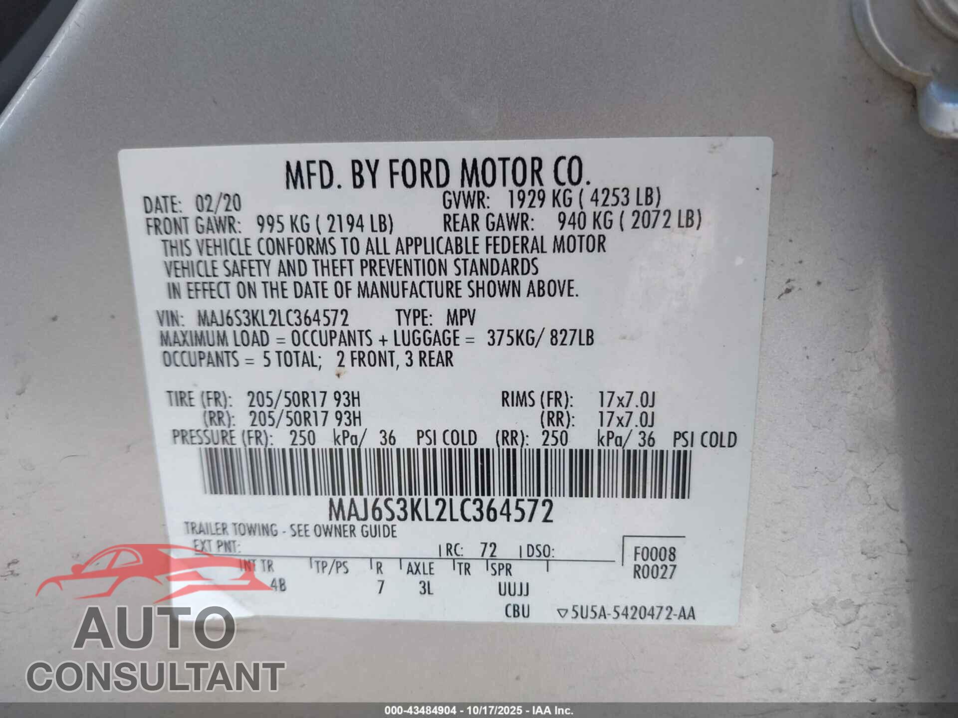 FORD ECOSPORT 2020 - MAJ6S3KL2LC364572