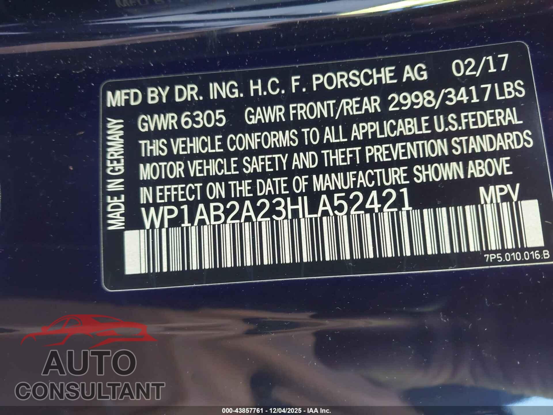 PORSCHE CAYENNE 2017 - WP1AB2A23HLA52421