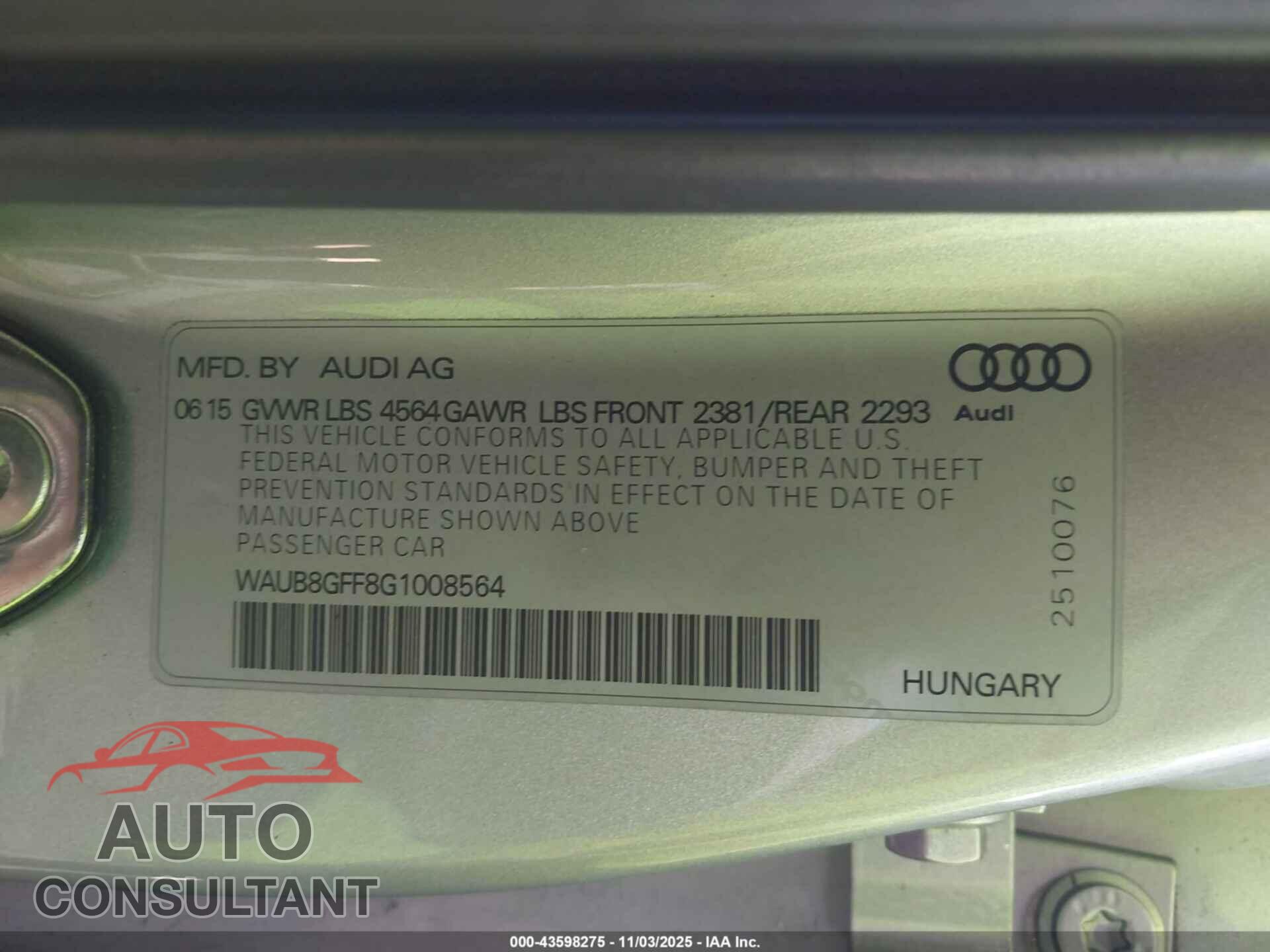 AUDI A3 2016 - WAUB8GFF8G1008564