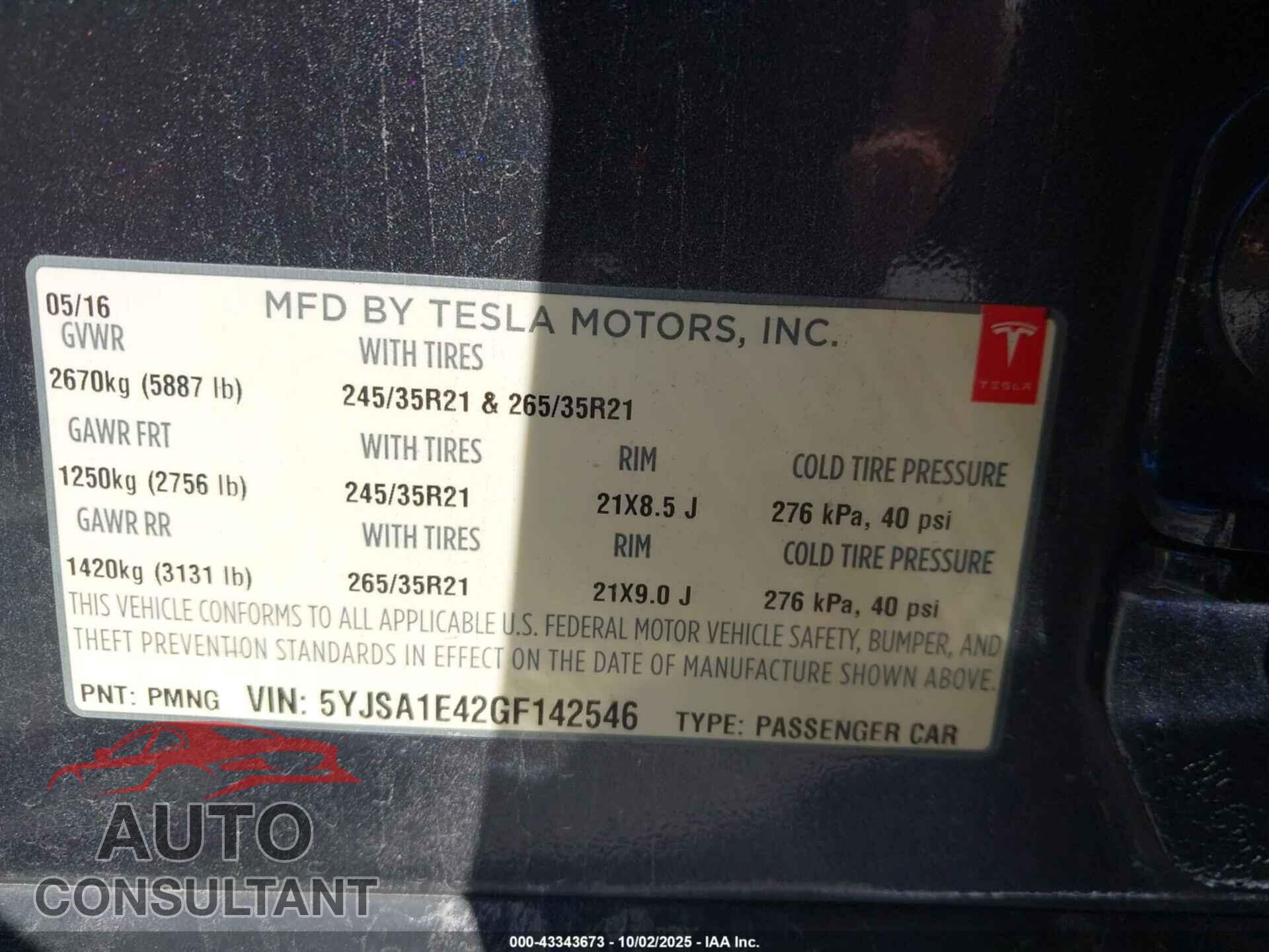 TESLA MODEL S 2016 - 5YJSA1E42GF142546