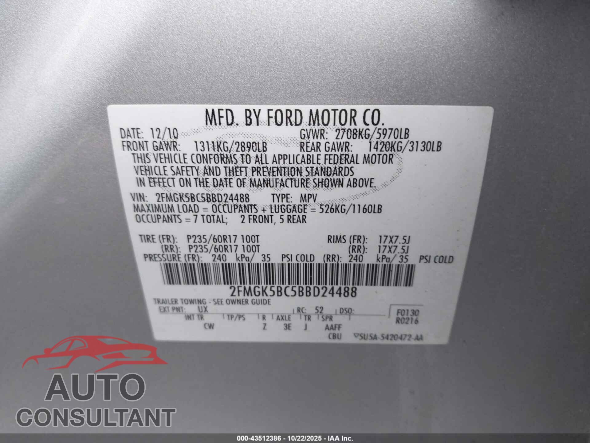 FORD FLEX 2011 - 2FMGK5BC5BBD24488