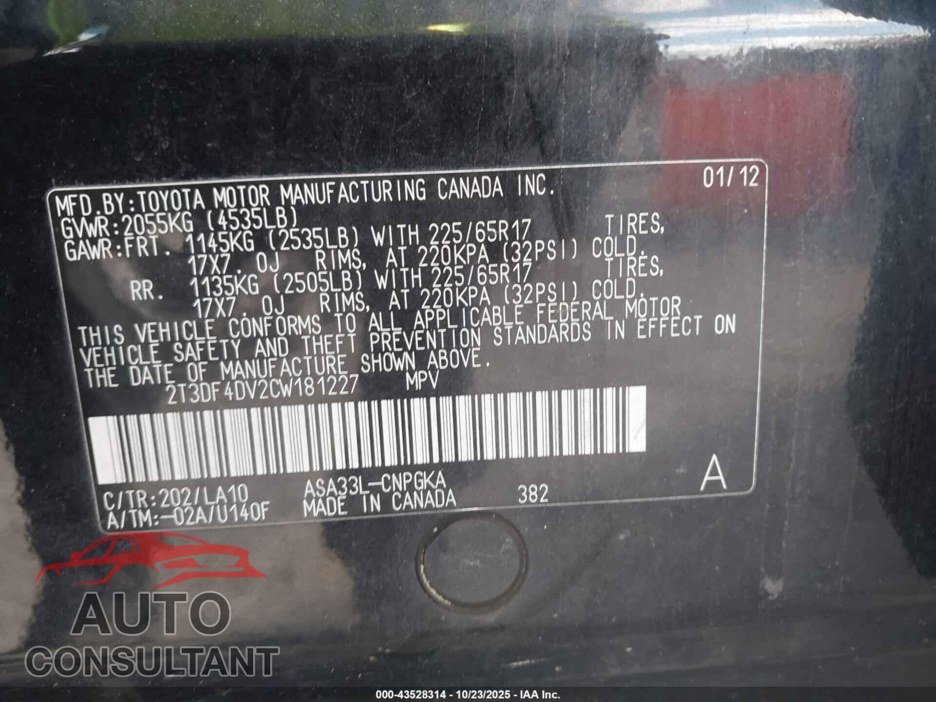 TOYOTA RAV4 2012 - 2T3DF4DV2CW181227
