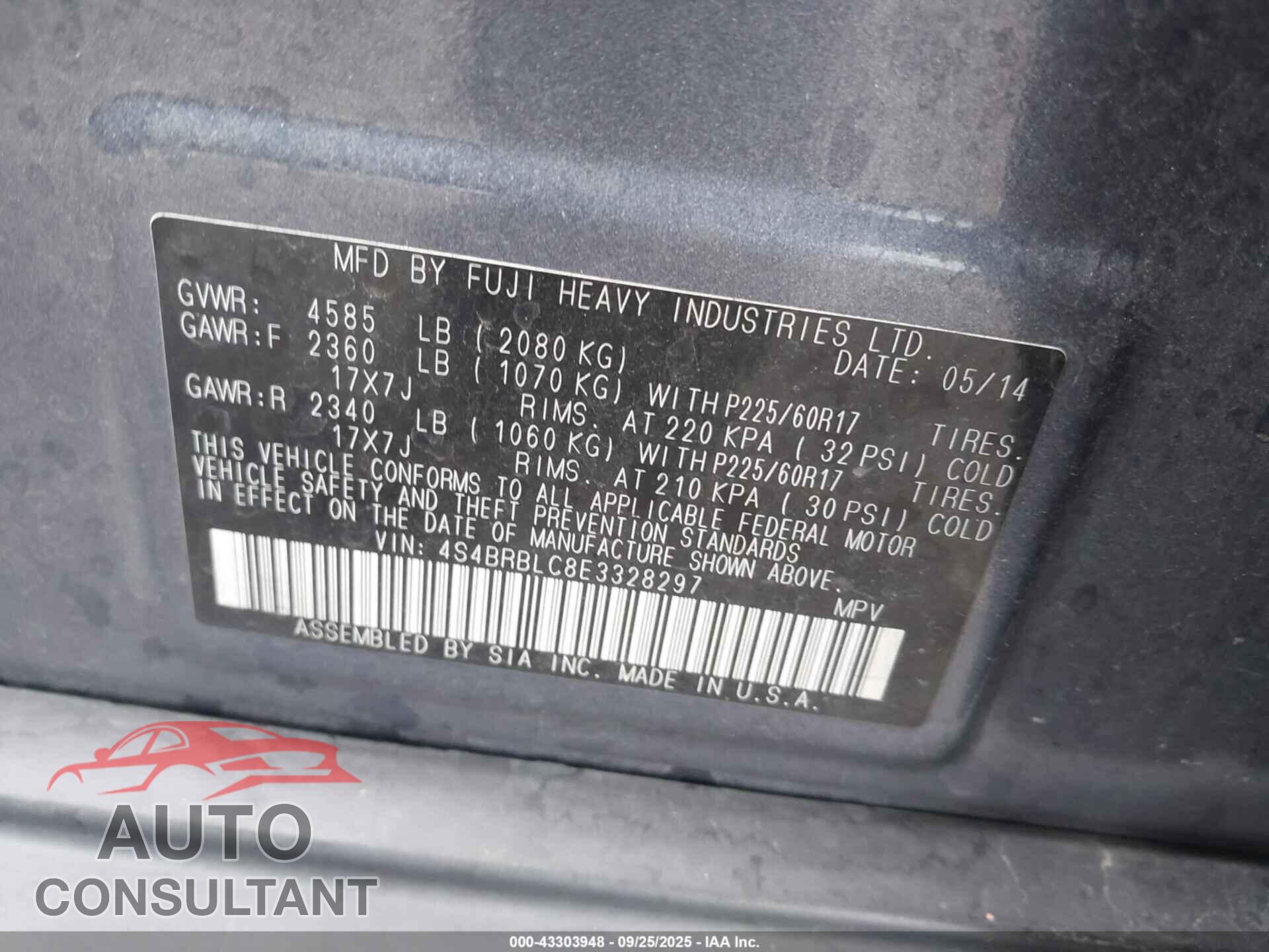 SUBARU OUTBACK 2014 - 4S4BRBLC8E3328297