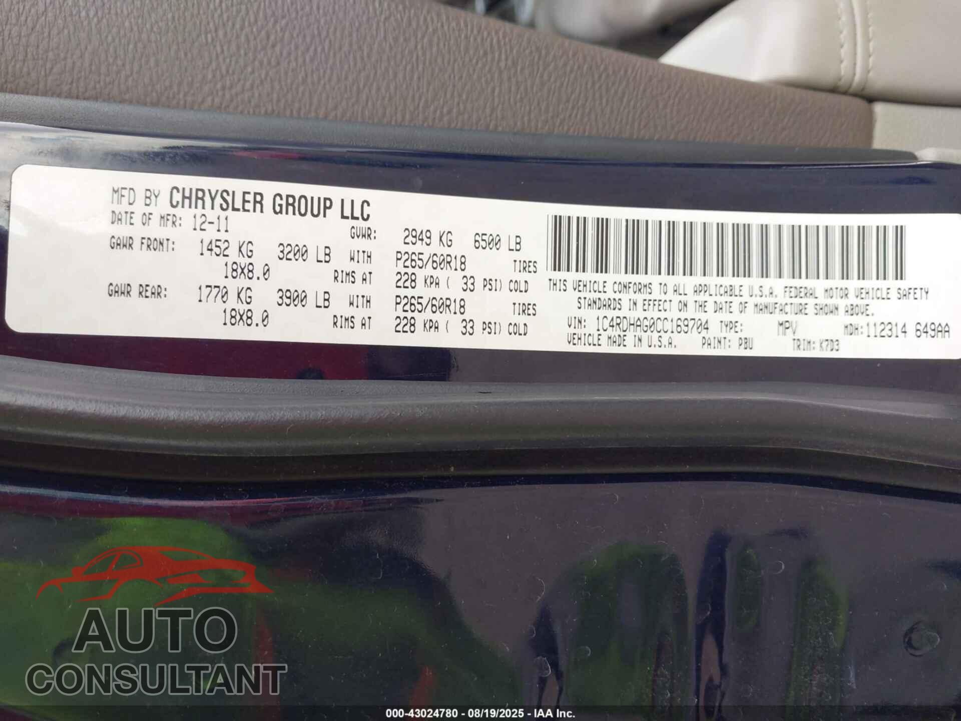 DODGE DURANGO 2012 - 1C4RDHAG0CC169704