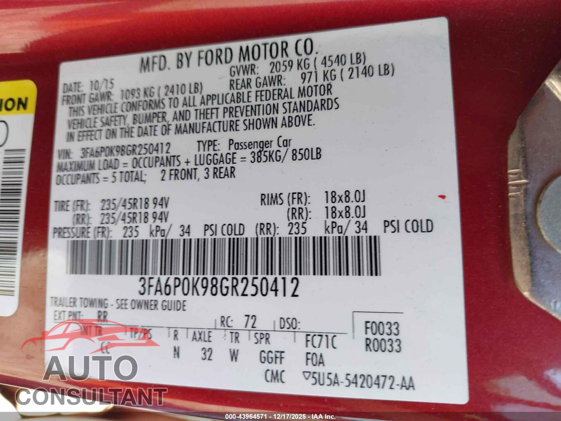 FORD FUSION 2016 - 3FA6P0K98GR250412