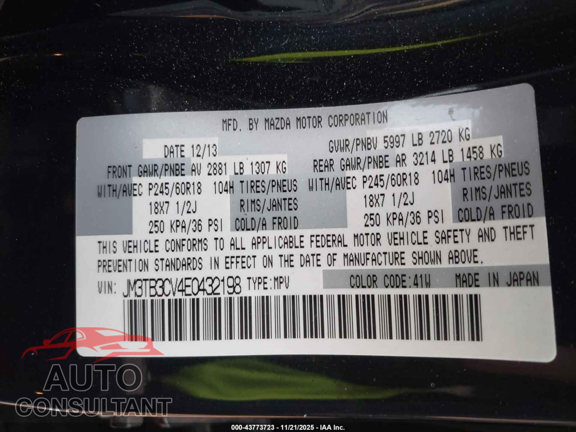 MAZDA CX-9 2014 - JM3TB3CV4E0432198