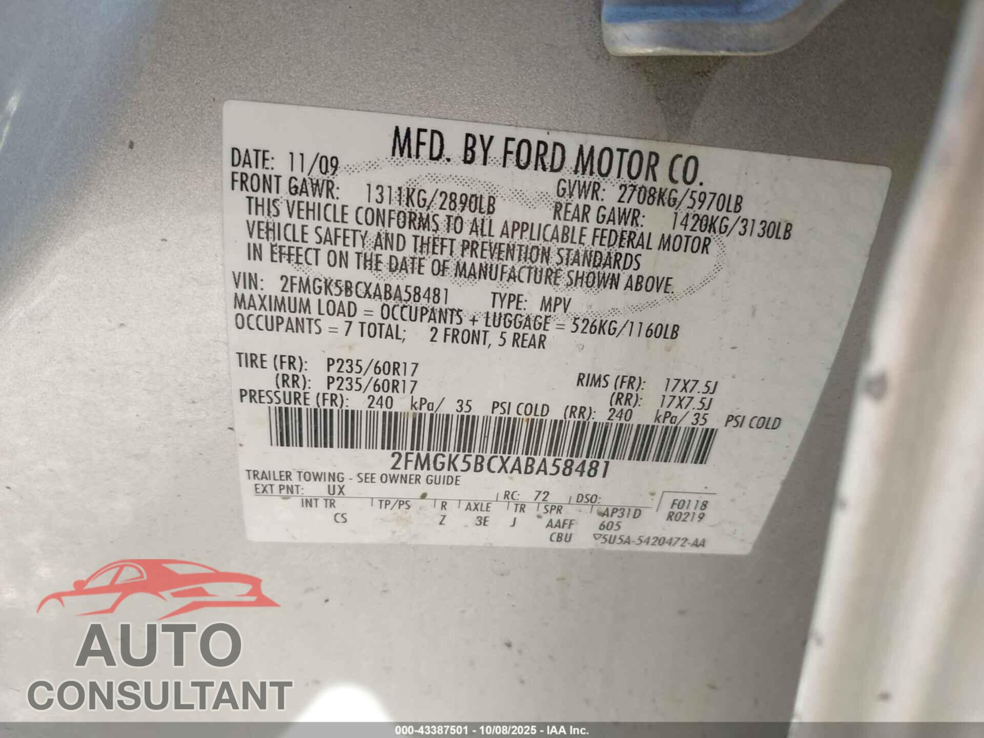 FORD FLEX 2010 - 2FMGK5BCXABA58481