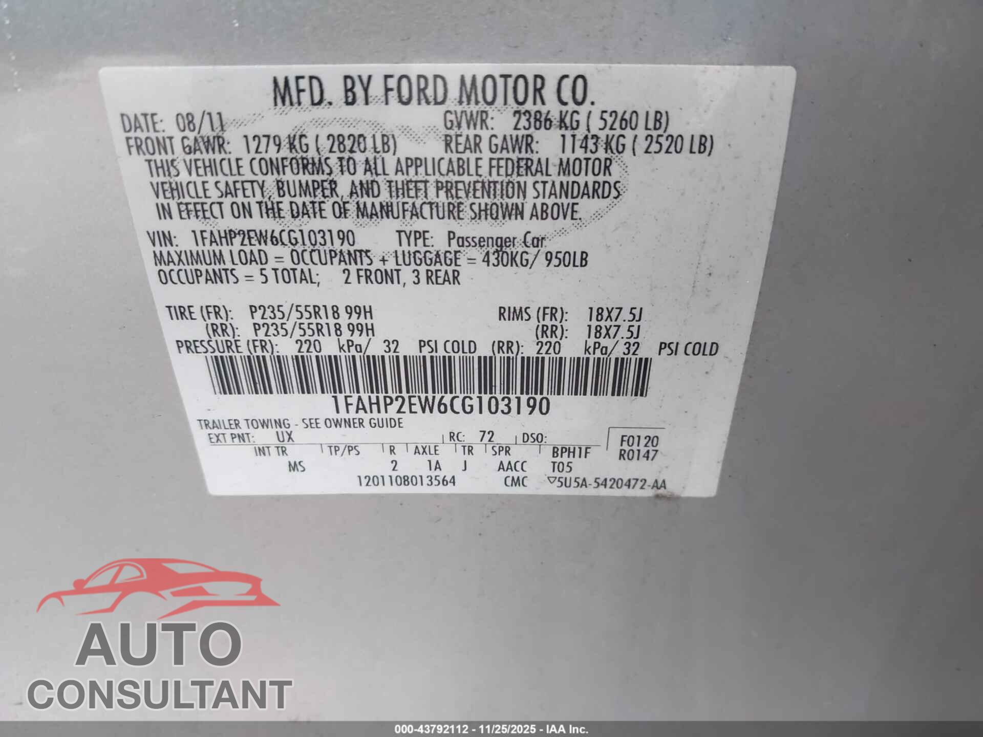 FORD TAURUS 2012 - 1FAHP2EW6CG103190