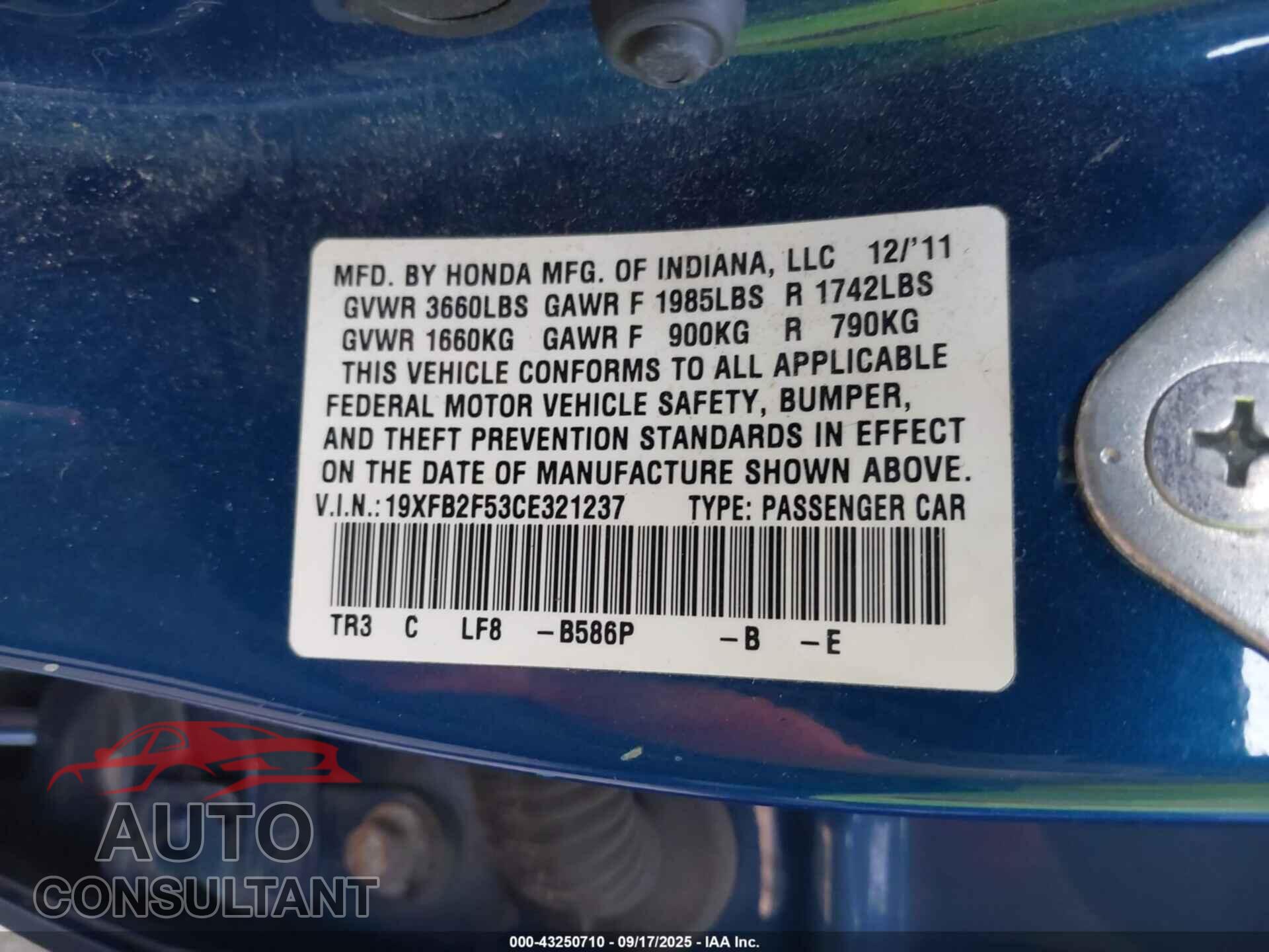 HONDA CIVIC 2012 - 19XFB2F53CE321237