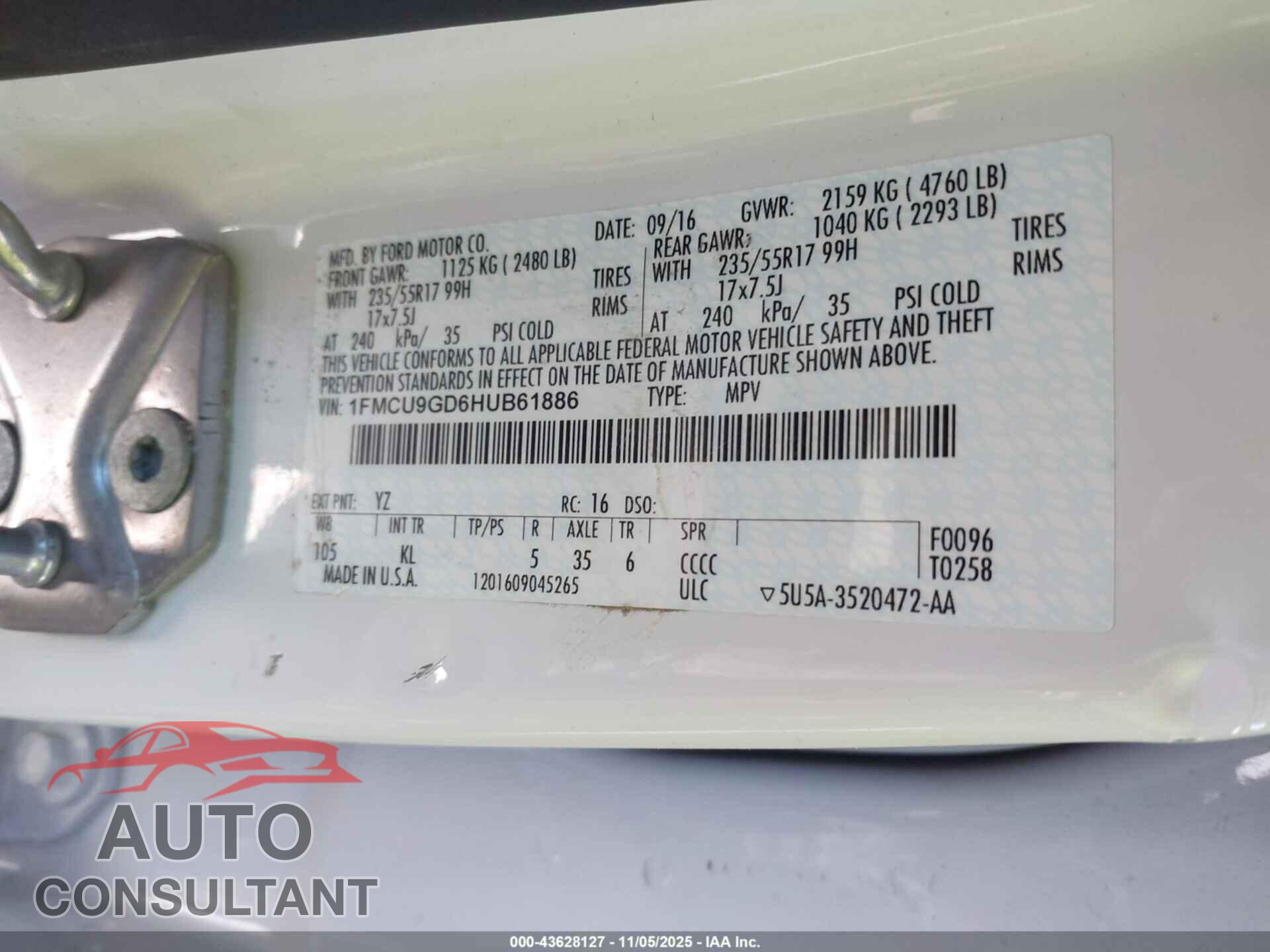 FORD ESCAPE 2017 - 1FMCU9GD6HUB61886