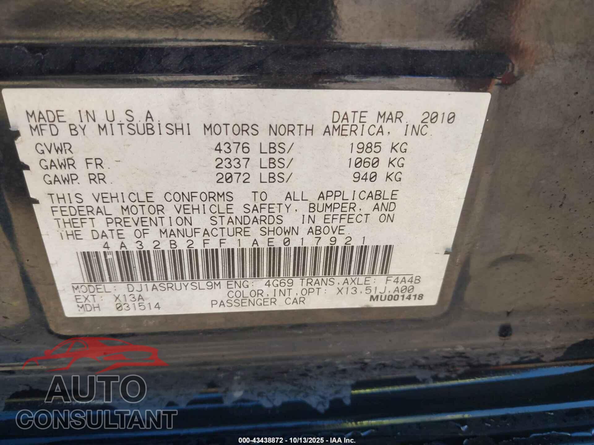 MITSUBISHI GALANT 2010 - 4A32B2FF1AE017921
