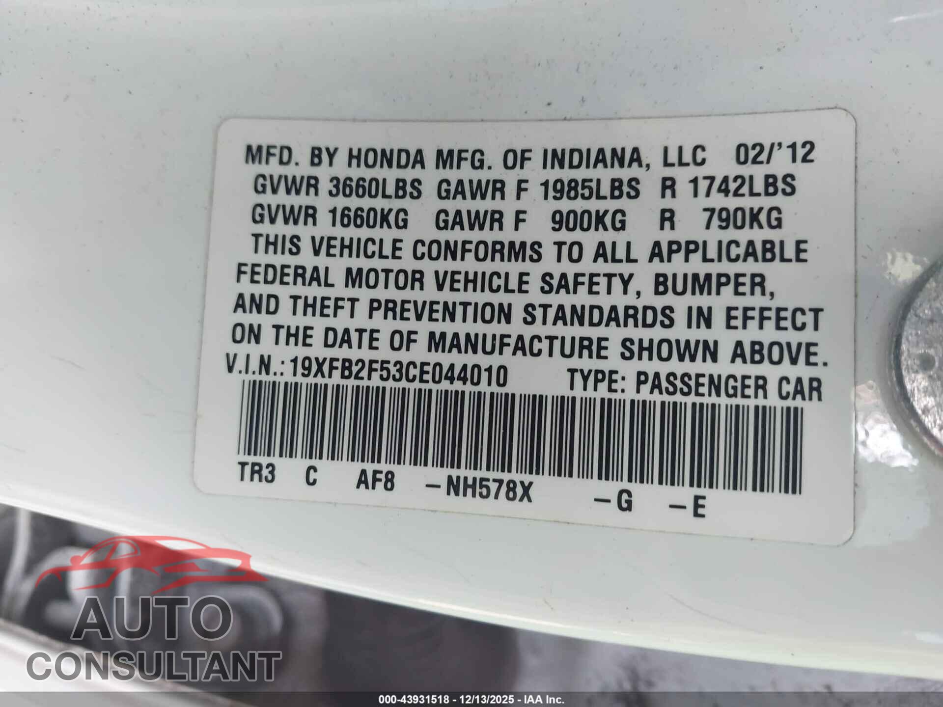 HONDA CIVIC 2012 - 19XFB2F53CE044010