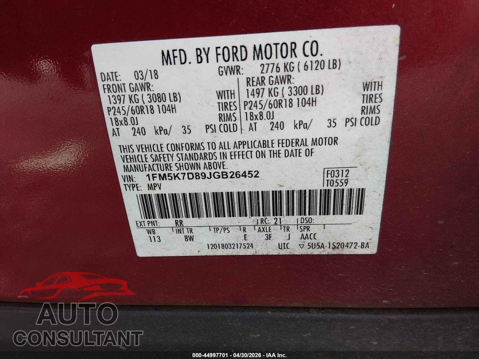 FORD EXPLORER 2018 - 1FM5K7D89JGB26452