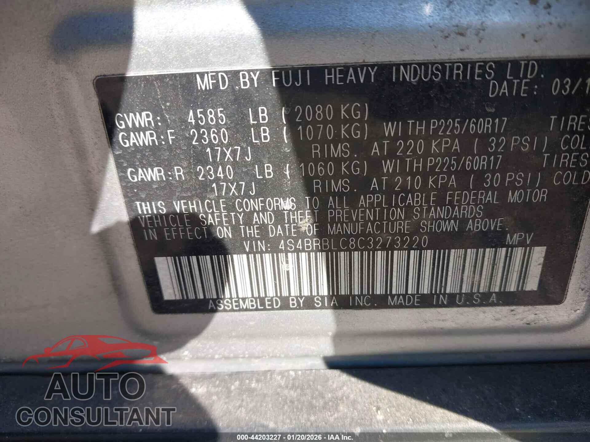 SUBARU OUTBACK 2012 - 4S4BRBLC8C3273220