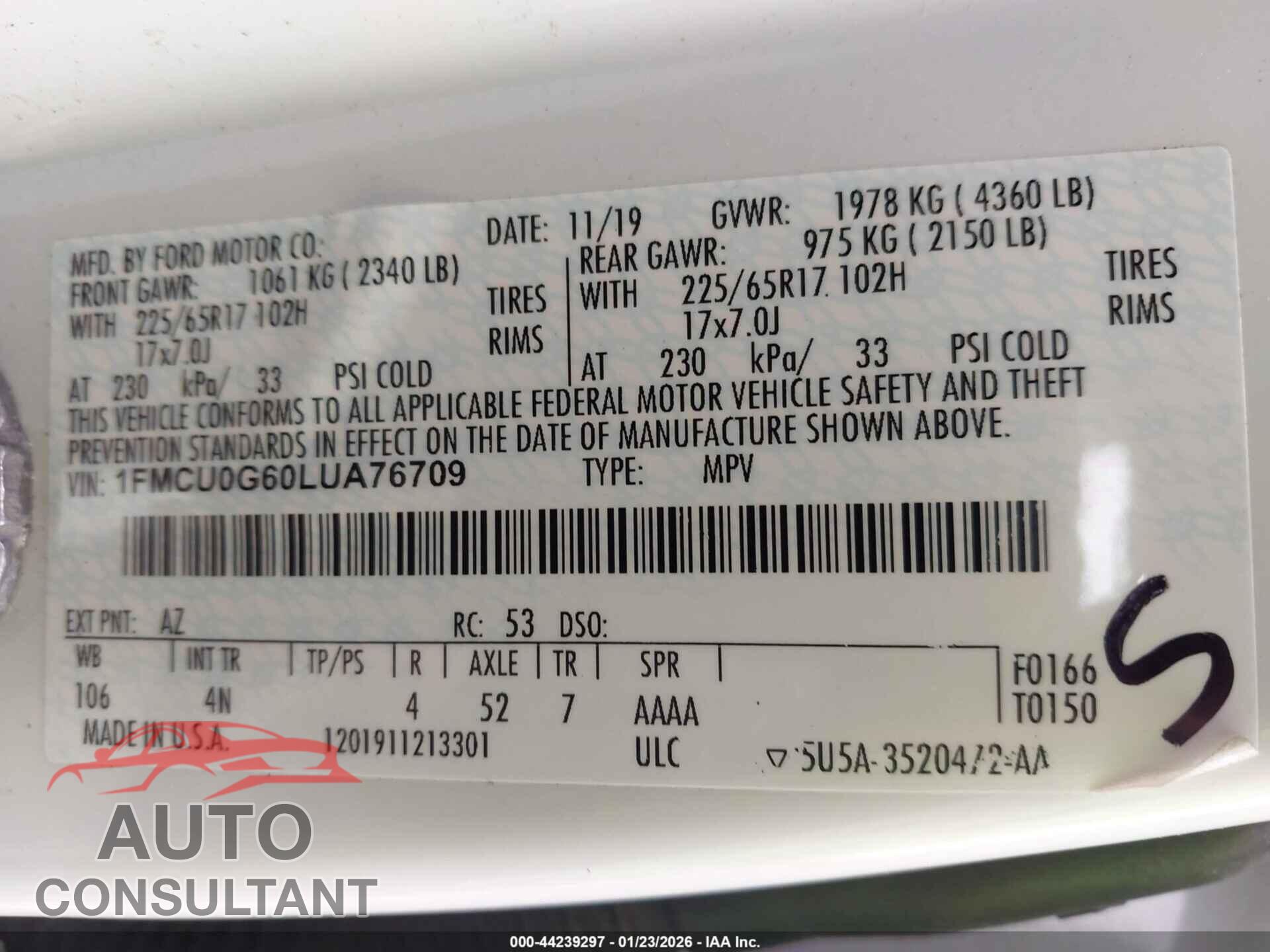 FORD ESCAPE 2020 - 1FMCU0G60LUA76709