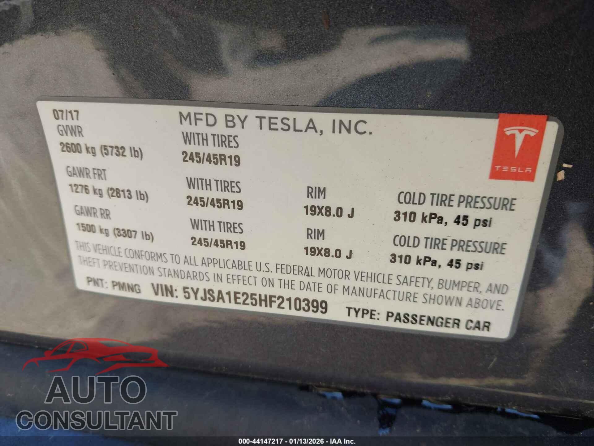 TESLA MODEL S 2017 - 5YJSA1E25HF210399