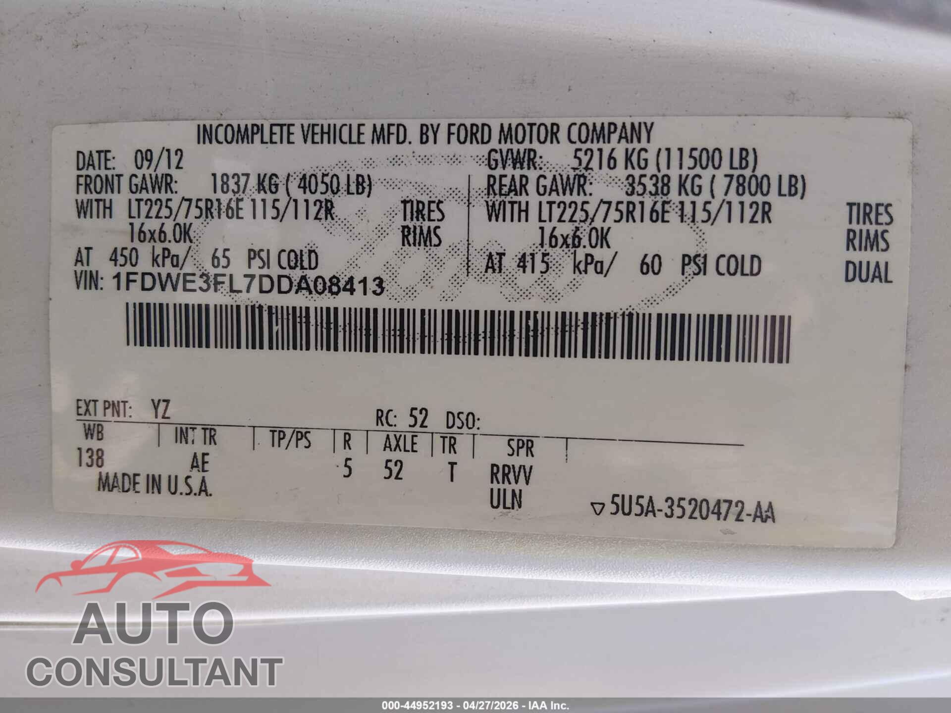 FORD E-350 CUTAWAY 2013 - 1FDWE3FL7DDA08413