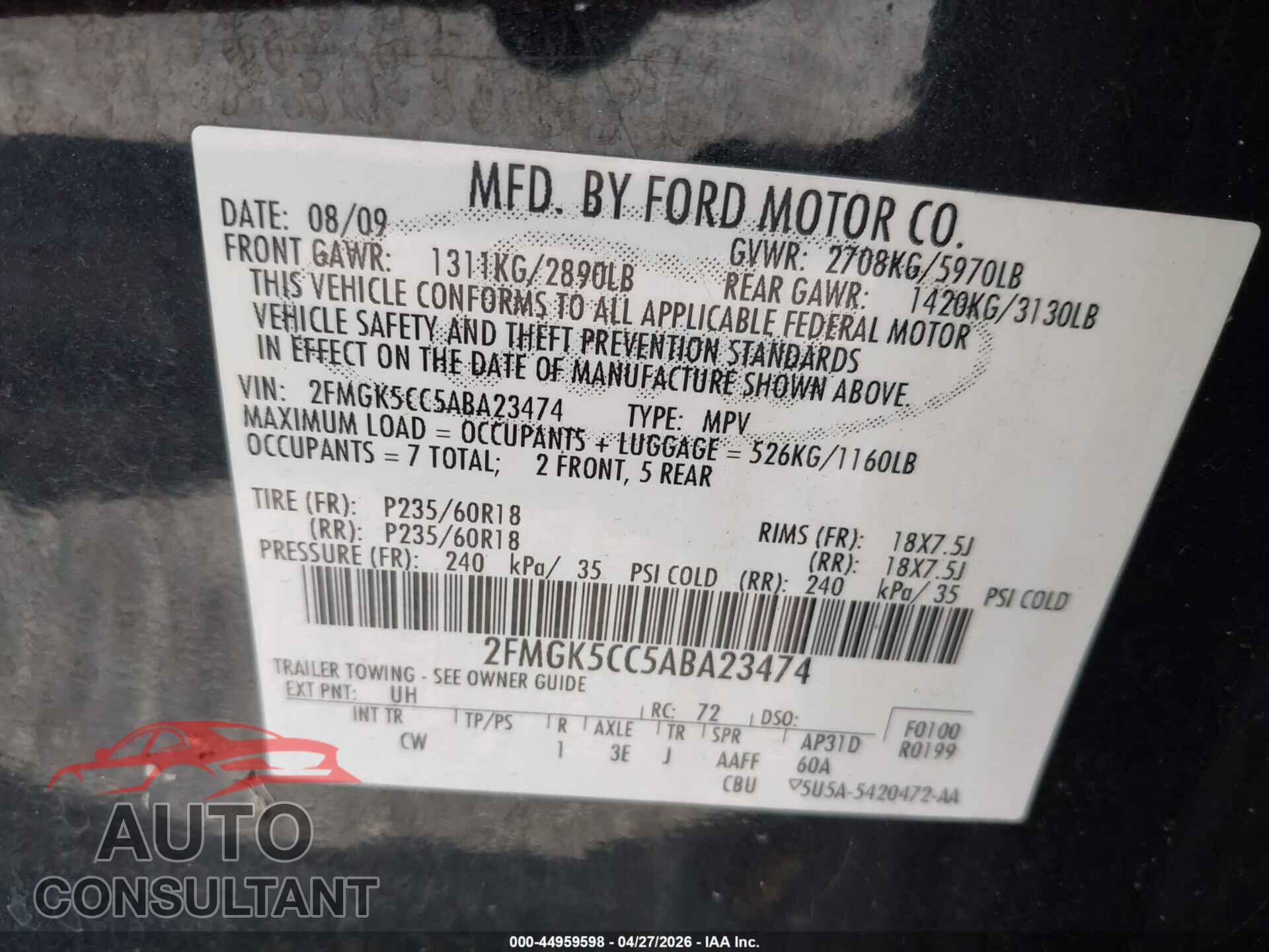 FORD FLEX 2010 - 2FMGK5CC5ABA23474