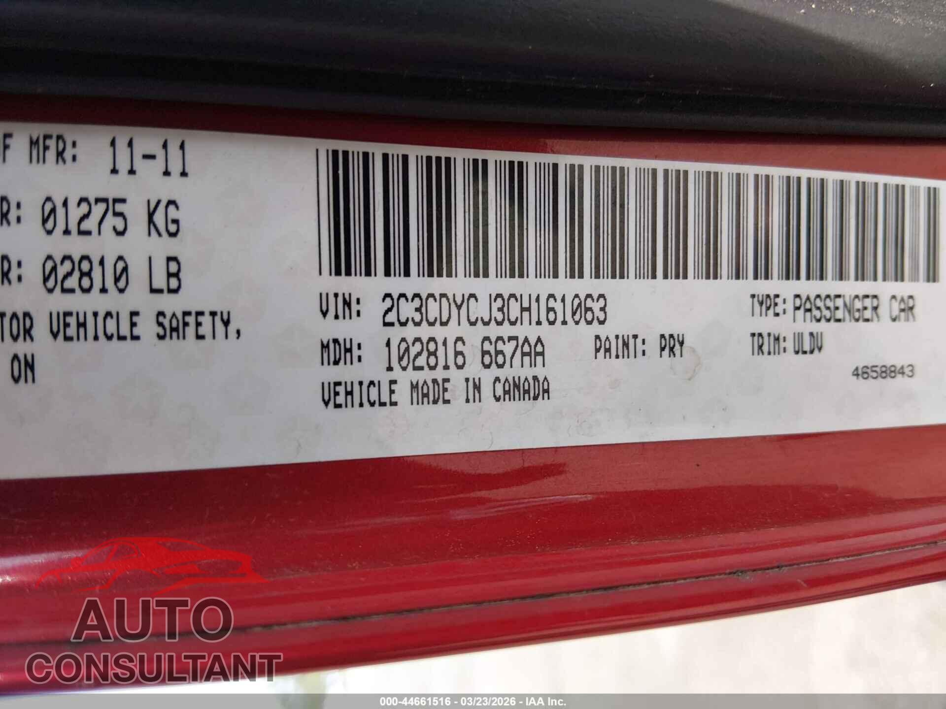 DODGE CHALLENGER 2012 - 2C3CDYCJ3CH161063