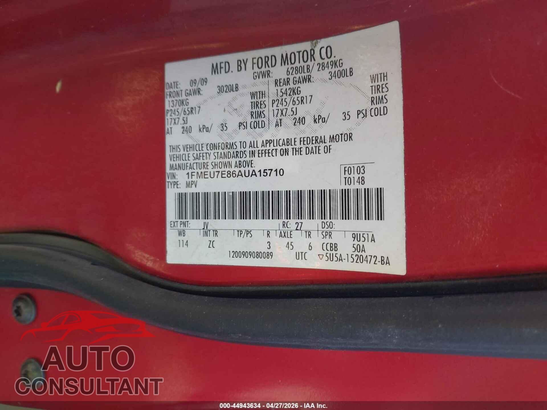 FORD EXPLORER 2010 - 1FMEU7E86AUA15710