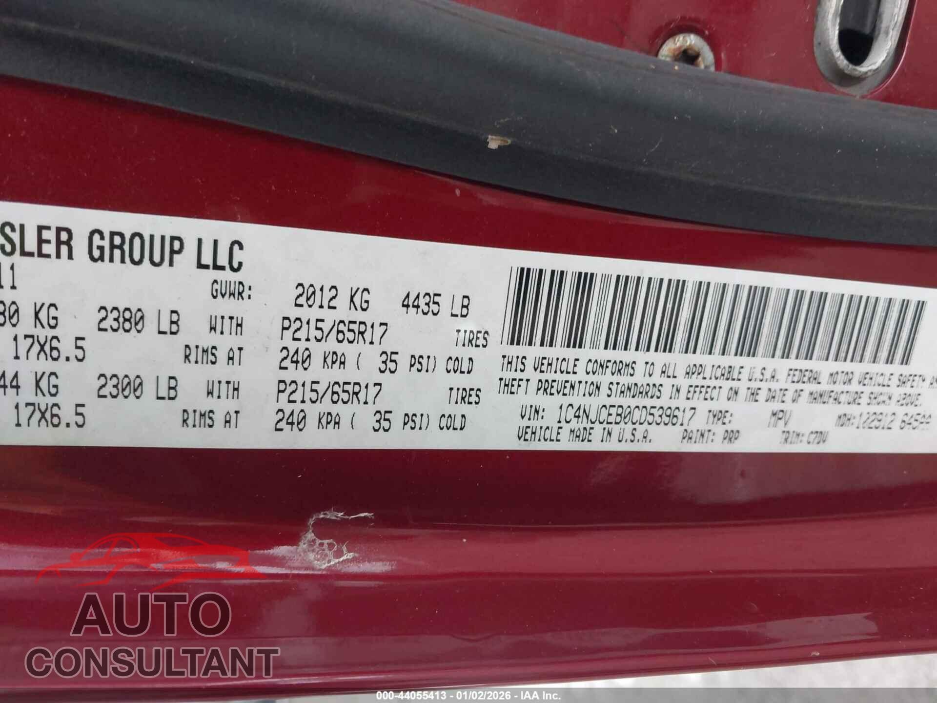 JEEP COMPASS 2012 - 1C4NJCEB0CD539617