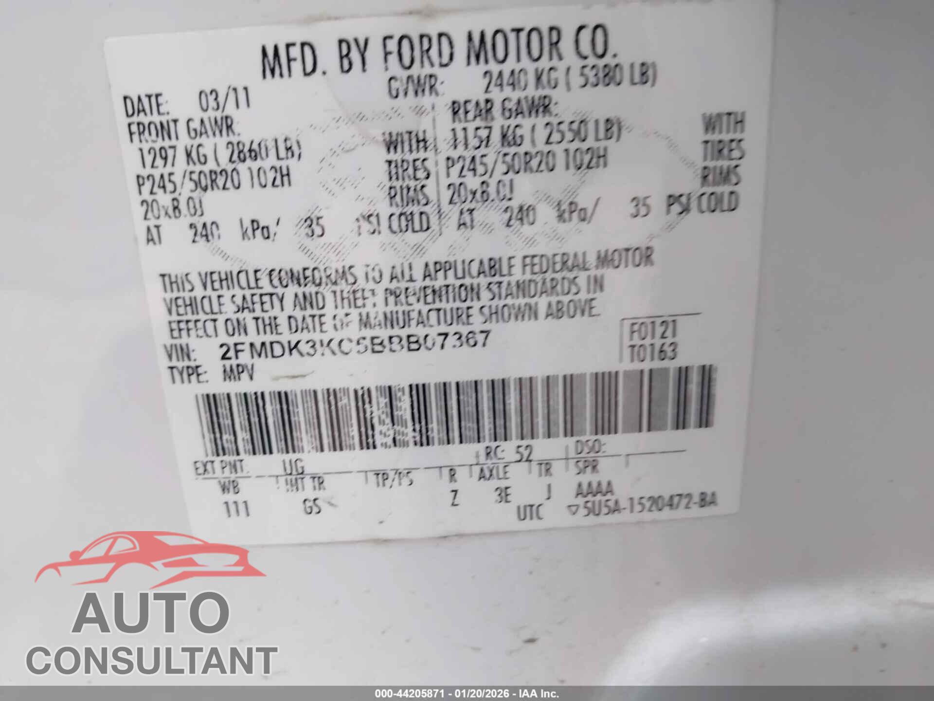 FORD EDGE 2011 - 2FMDK3KC5BBB07367