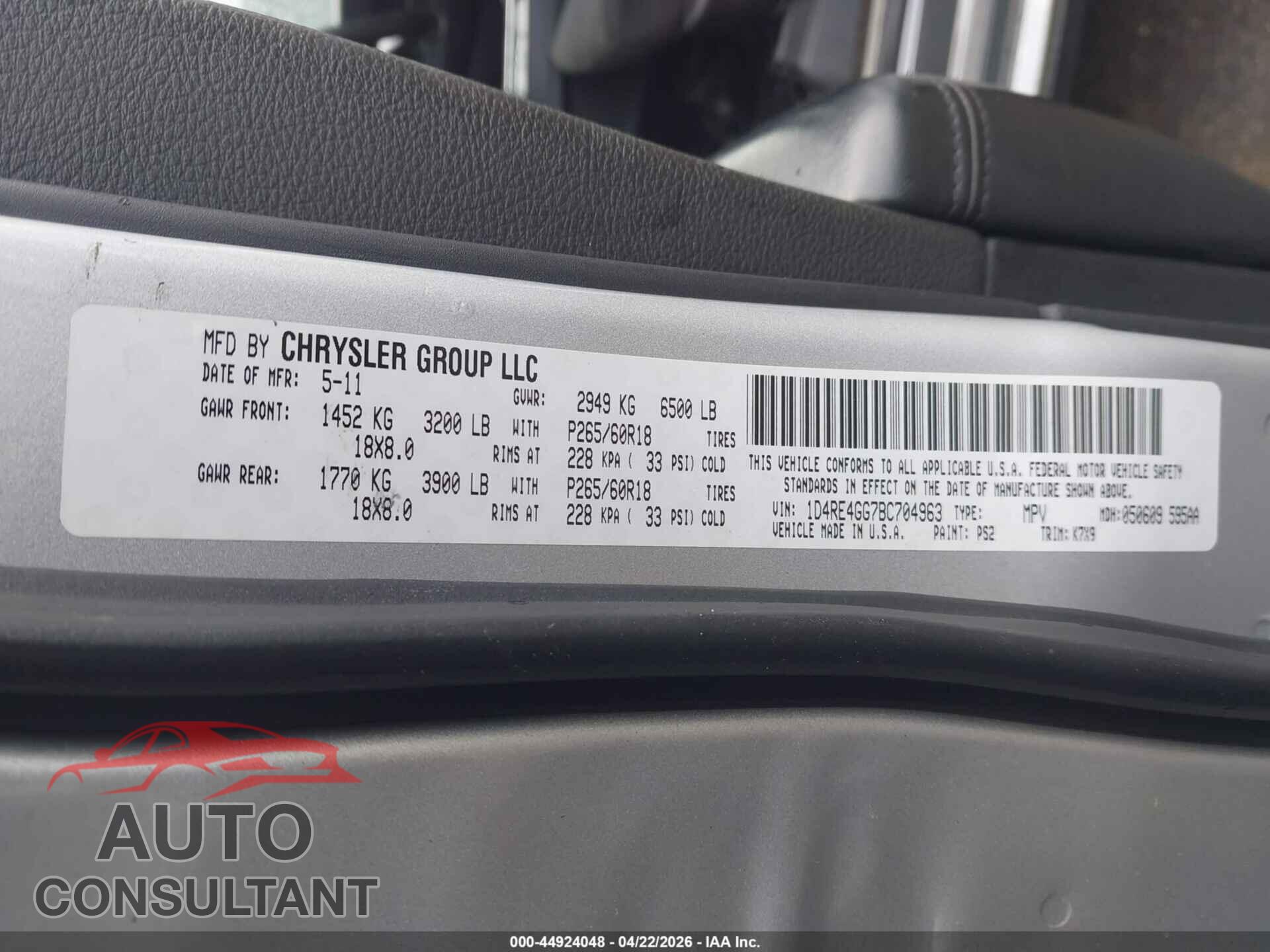 DODGE DURANGO 2011 - 1D4RE4GG7BC704963