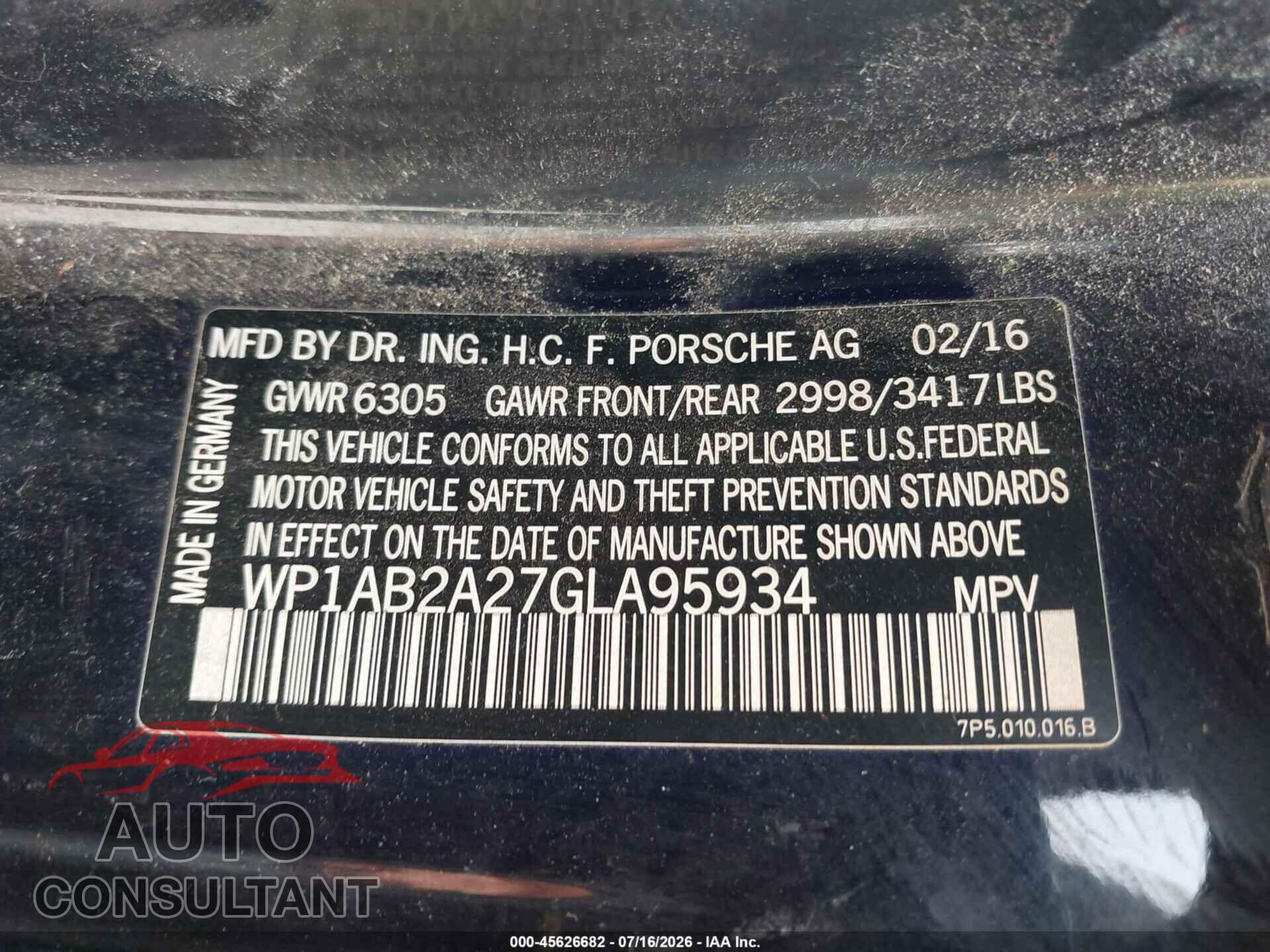 PORSCHE CAYENNE 2016 - WP1AB2A27GLA95934