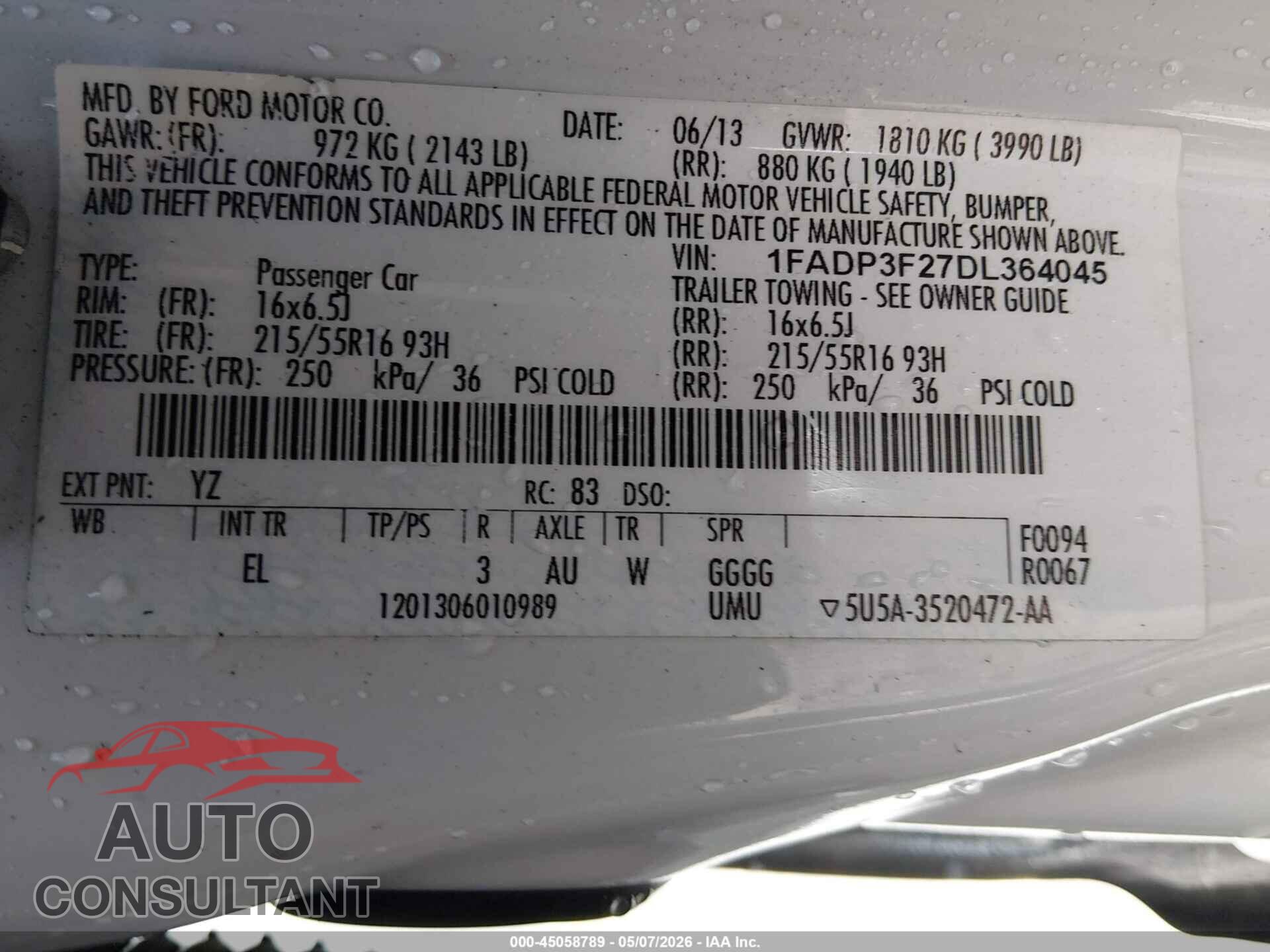 FORD FOCUS 2013 - 1FADP3F27DL364045
