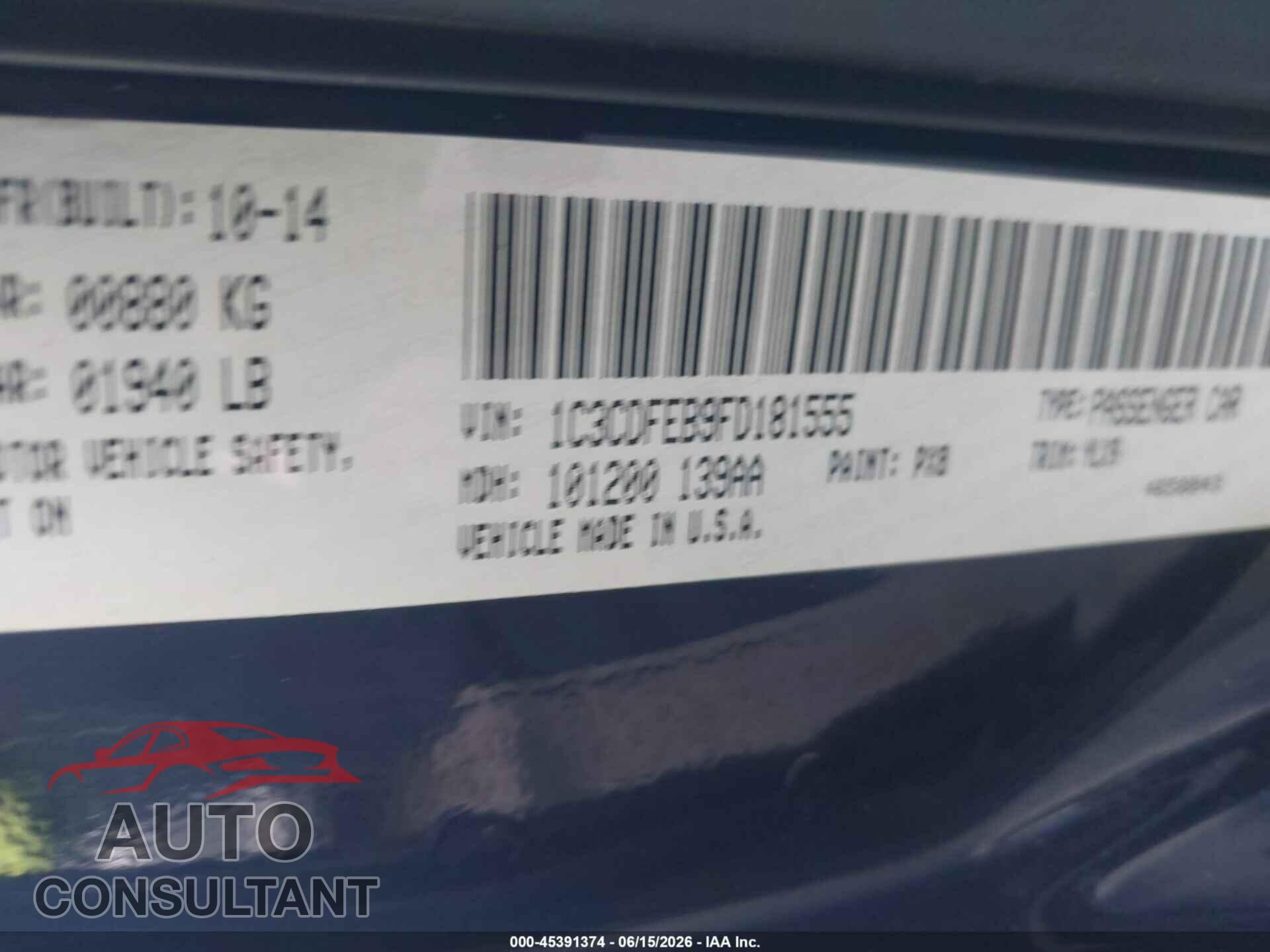 DODGE DART 2015 - 1C3CDFEB9FD181555