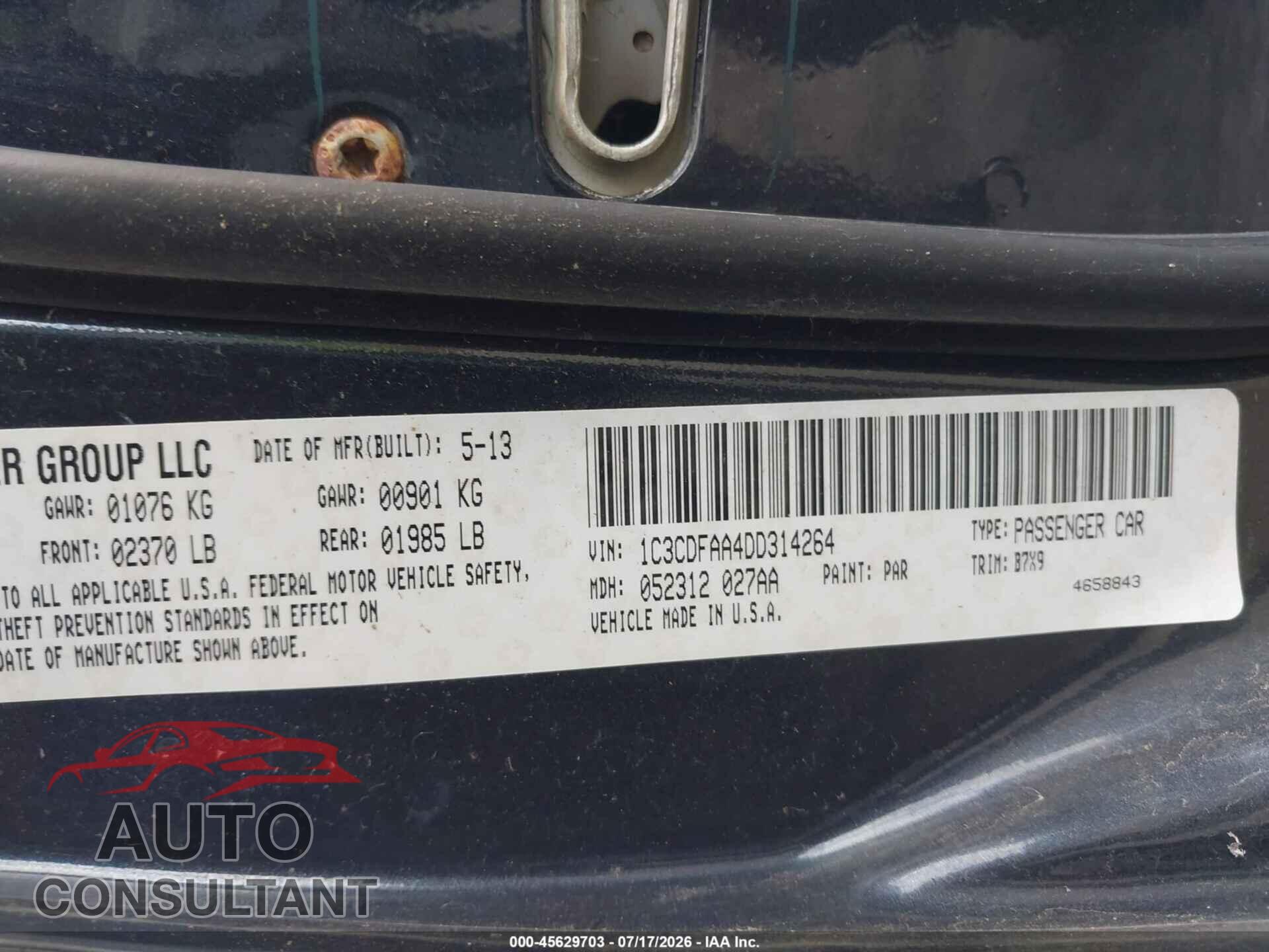 DODGE DART 2013 - 1C3CDFAA4DD314264