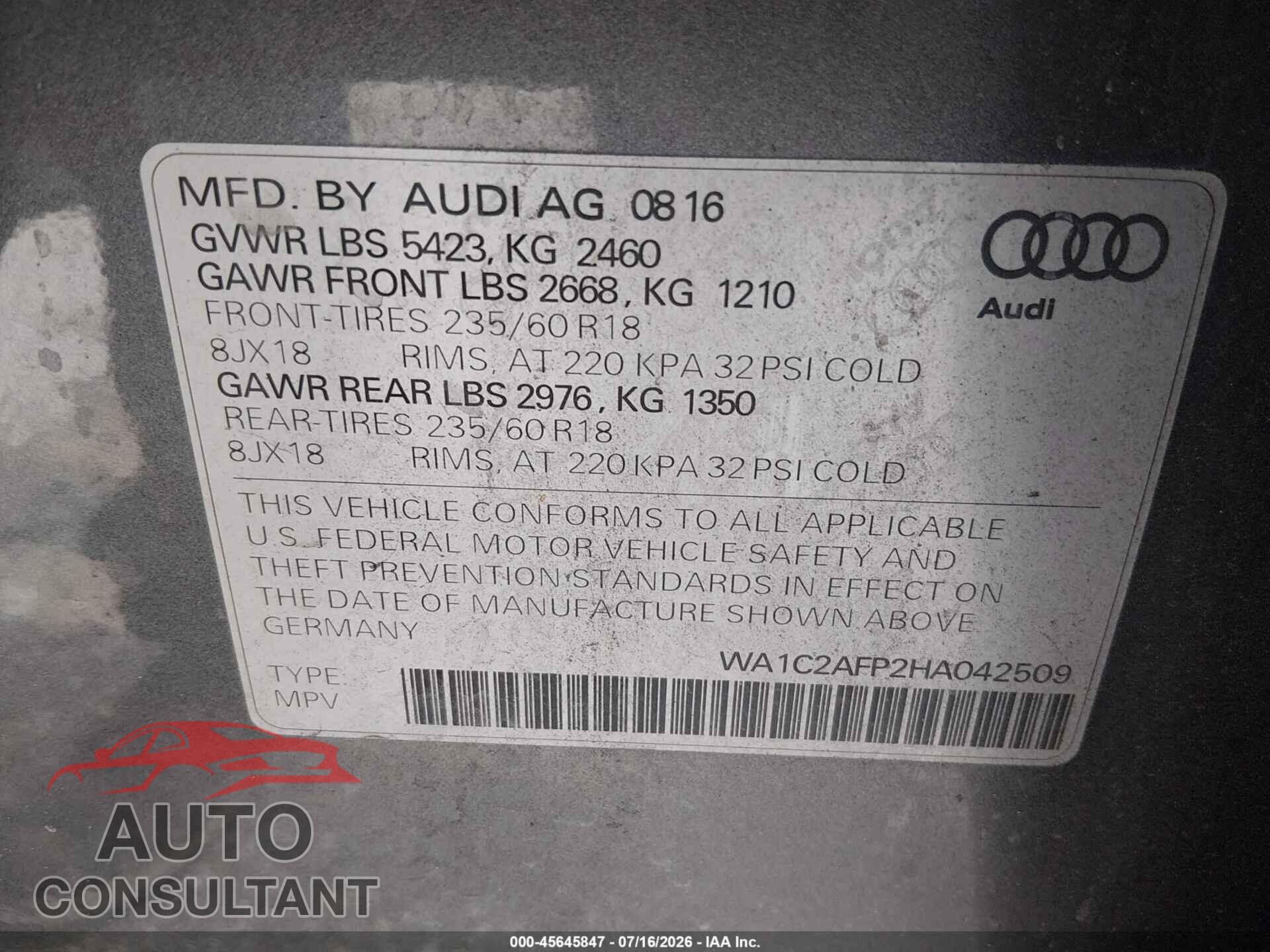 AUDI Q5 2017 - WA1C2AFP2HA042509