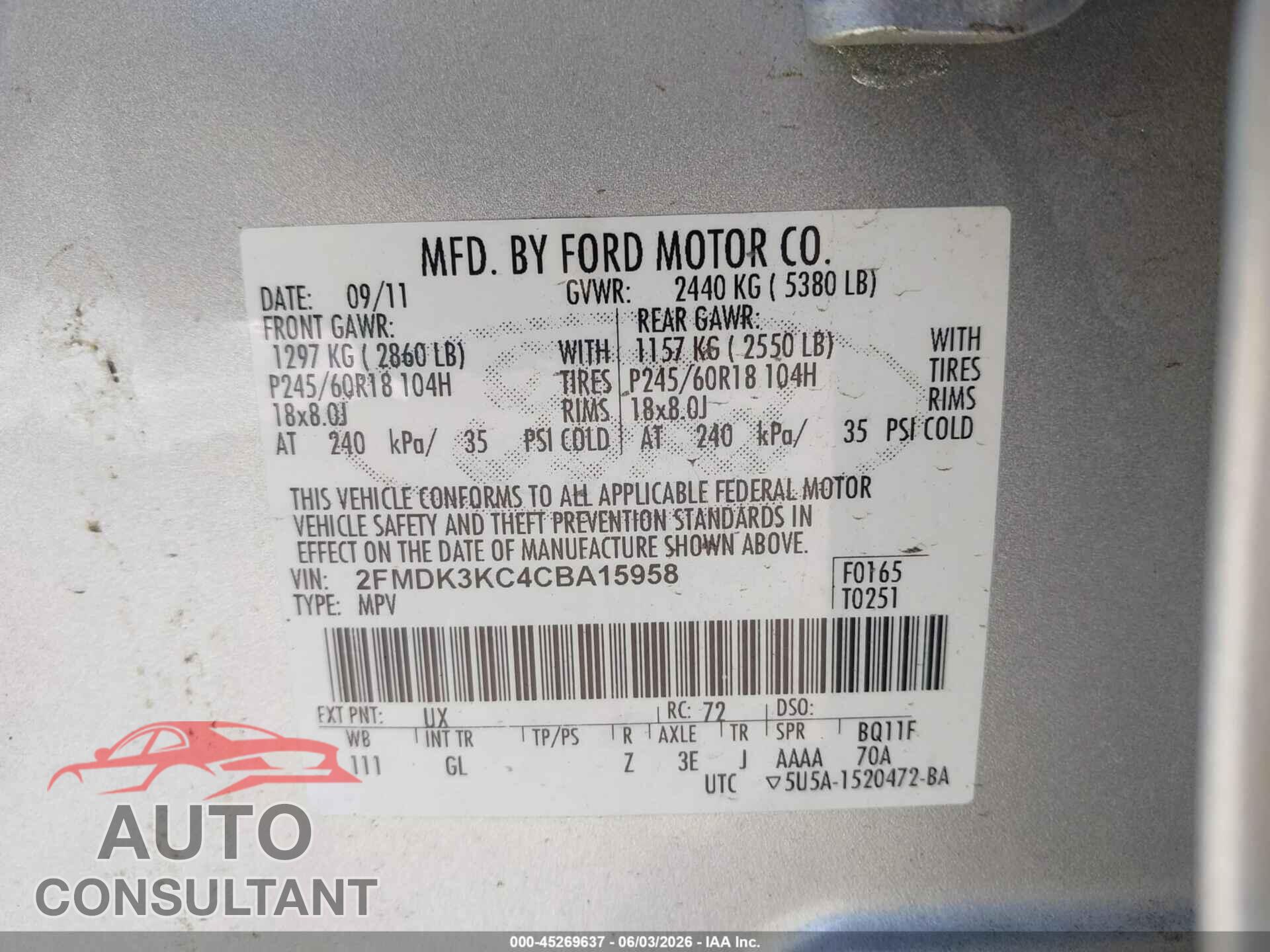 FORD EDGE 2012 - 2FMDK3KC4CBA15958