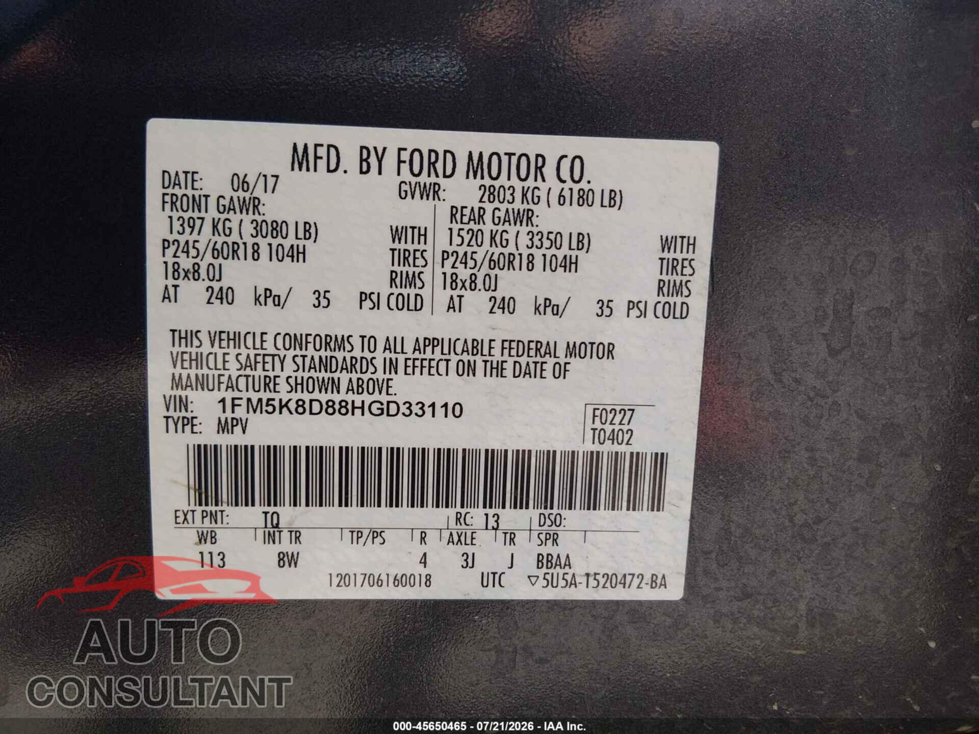 FORD EXPLORER 2017 - 1FM5K8D88HGD33110